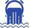 Blue icon of a bridge with vertical pillars above wavy water lines.