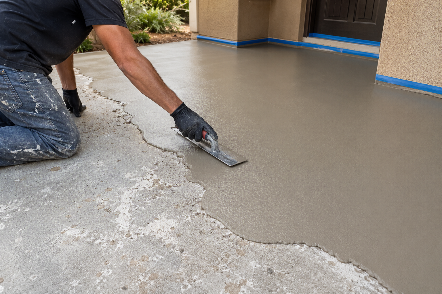 Contractor applying decorative concrete resurfacing overlay.