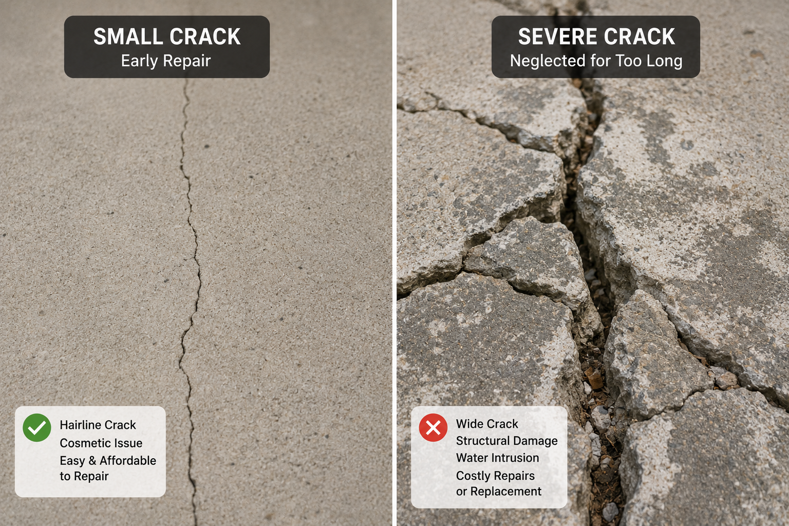 Comparison showing small crack versus severe neglected crack.
