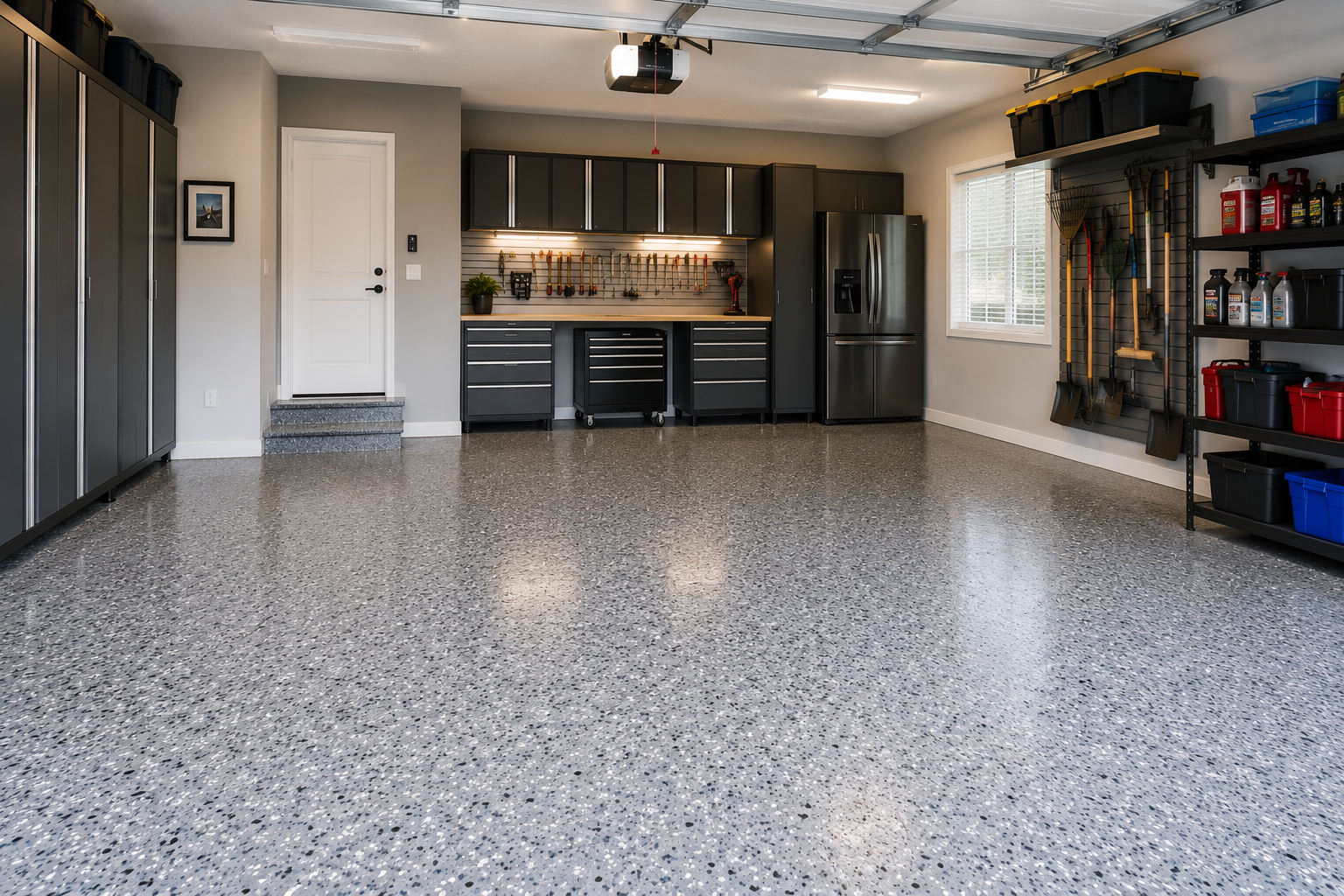 Residential Albuquerque garage with a professionally installed decorative flake epoxy floor.