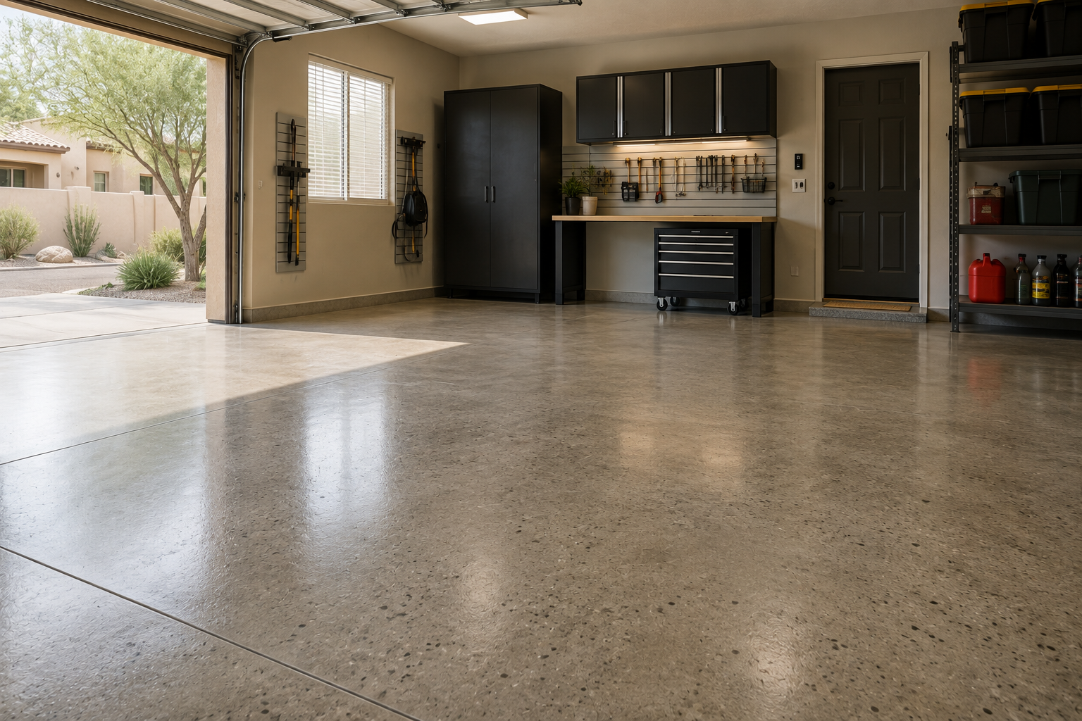 Residential Albuquerque garage with a grind and seal concrete floor.