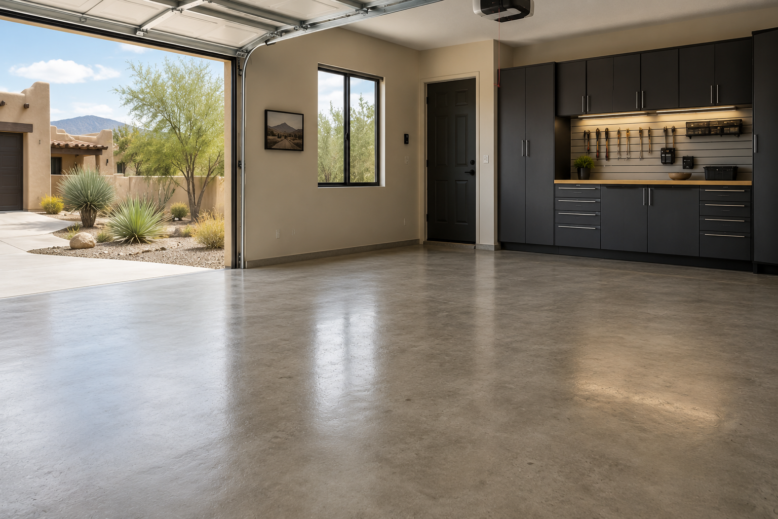 Albuquerque home showing a finished concrete floor and desert landscaping visible outside.