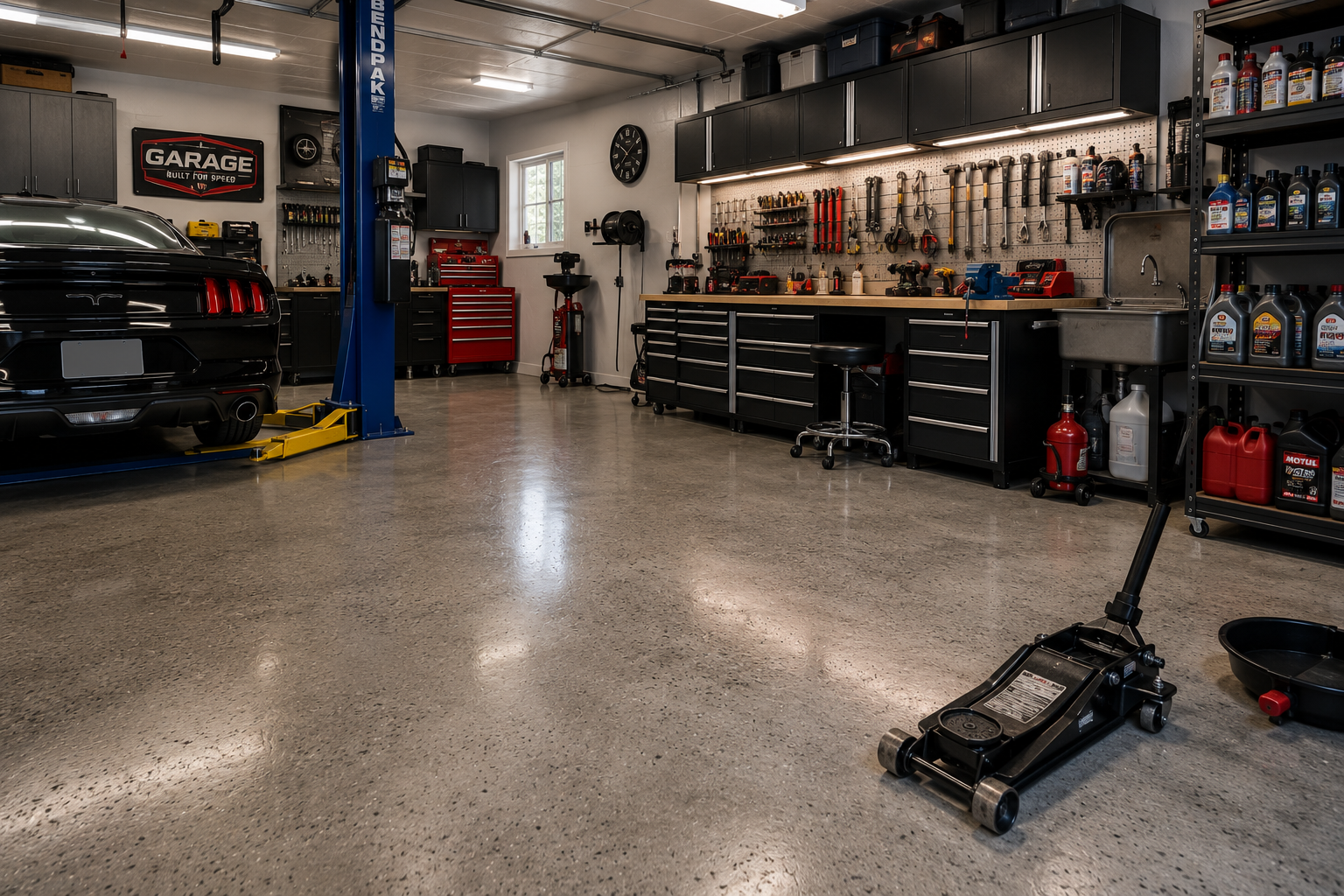 garage used as a automotive workshop where fluids, tools, floor jacks, and equipment