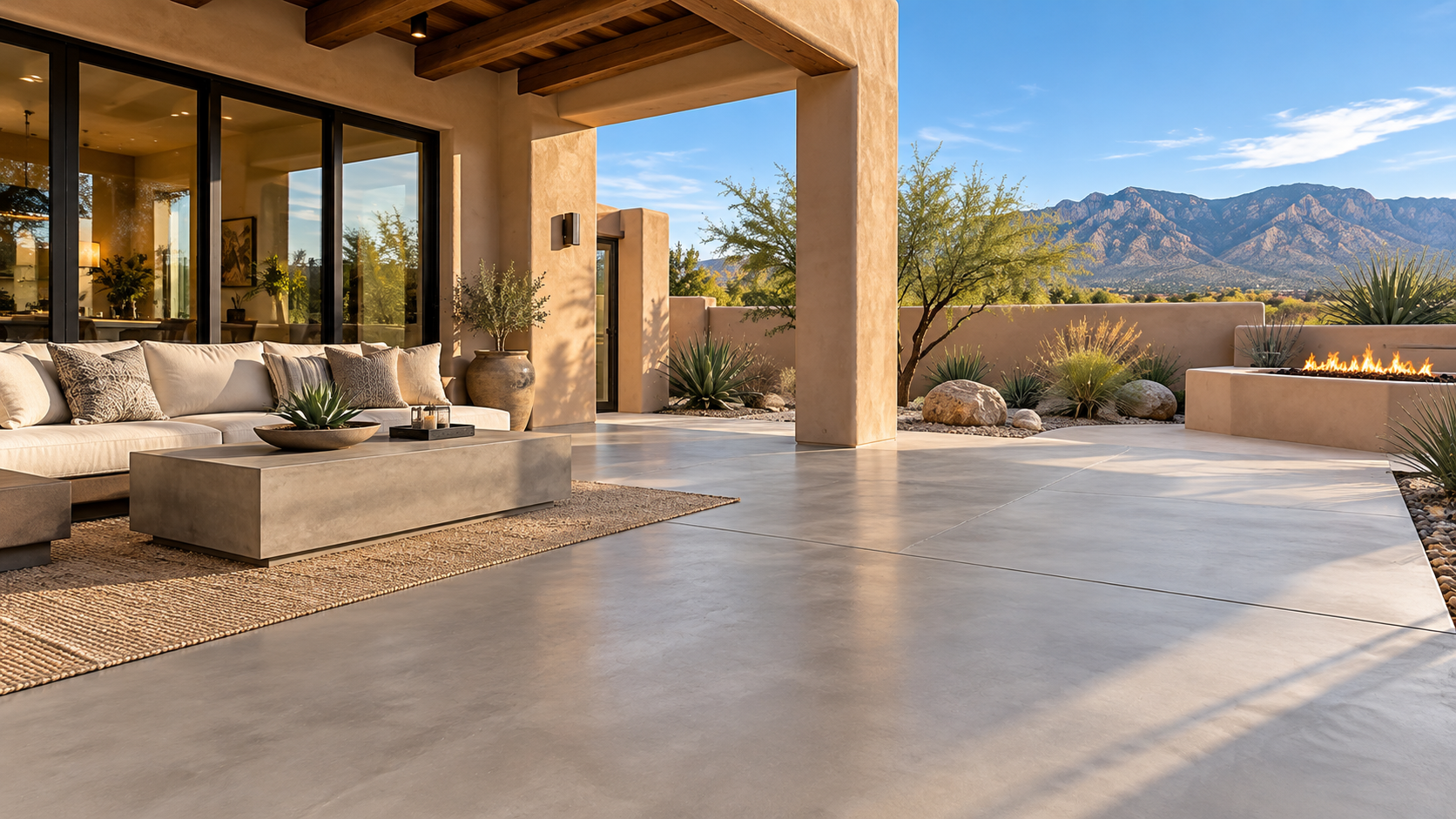Contemporary Albuquerque patio finished in warm gray microcement with an adobe-style home and desert landscaping in the background.