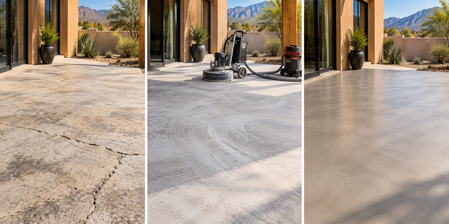 Close-up progression showing an older concrete patio being prepared and the same type of surface finished with seamless microcement.