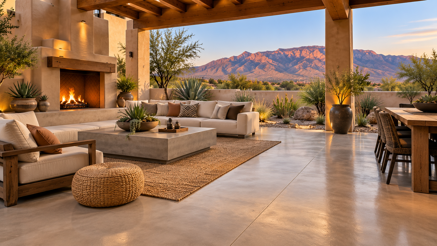 Luxury New Mexico outdoor living area with microcement patio, stucco fireplace, wood beams, desert plants, and Sandia-style mountains in the distance.