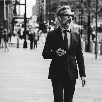 Older business man walking through the city holding a cellphone