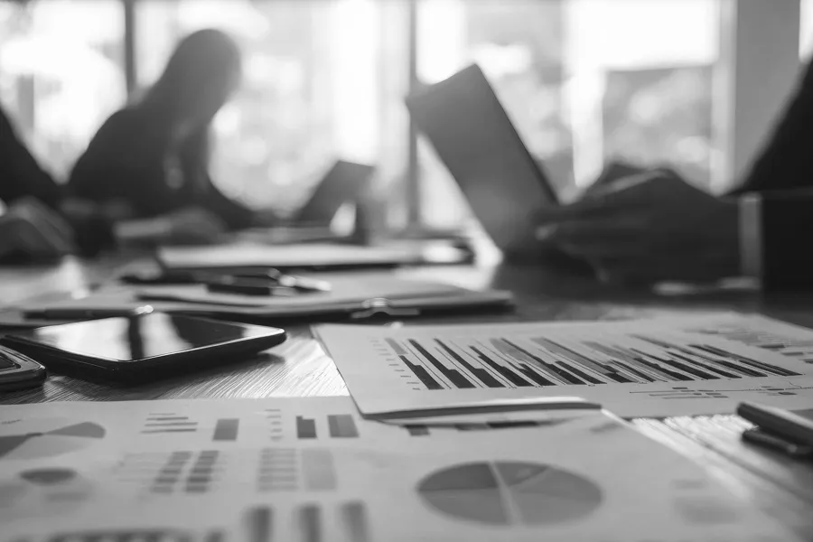 Commercial real estate team strategic planning with printed out documents