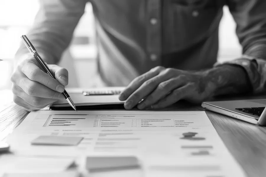 Businessman at a desk checking items off a list of papers
