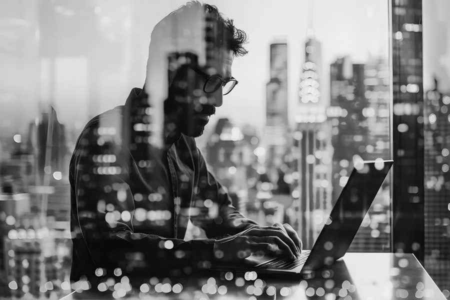 Man working on the computer with city skyline in background