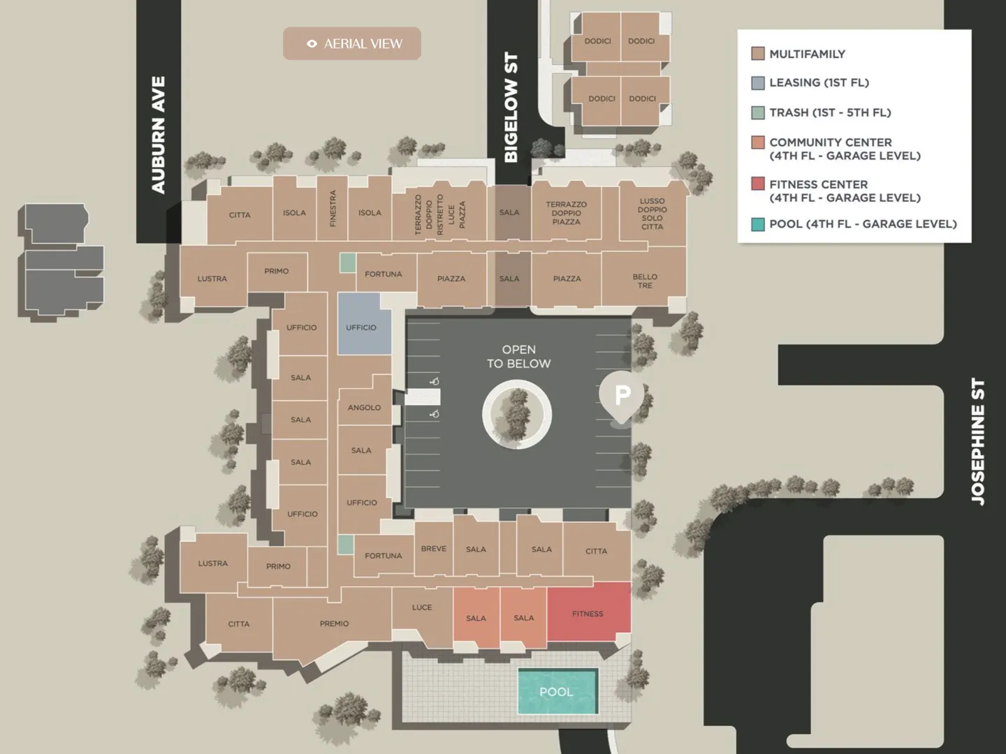 Color-coded site plan showcasing multifamily units, leasing office, and amenities like fitness and pool, using Buildout’s Site Plan service.