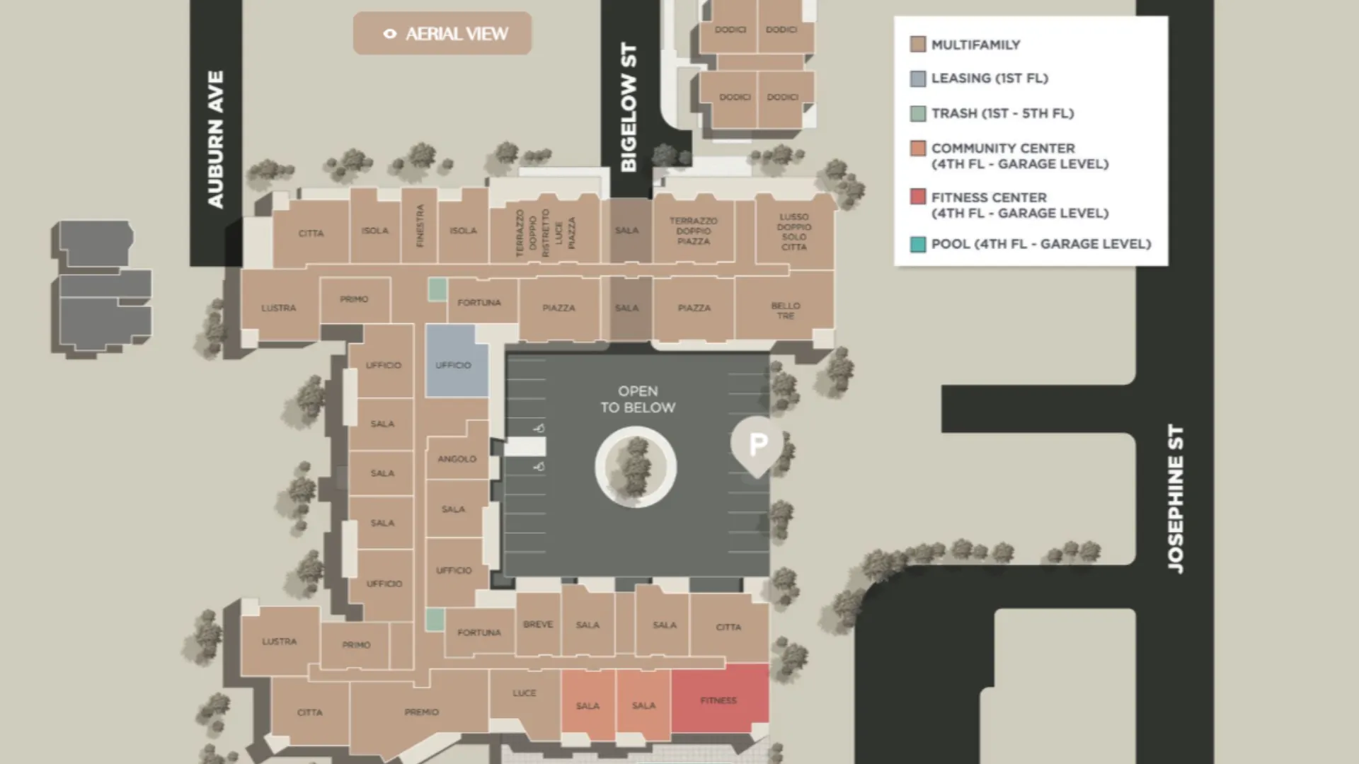 Advanced 2D site plan for a multifamily space. Includes 360° aerial view