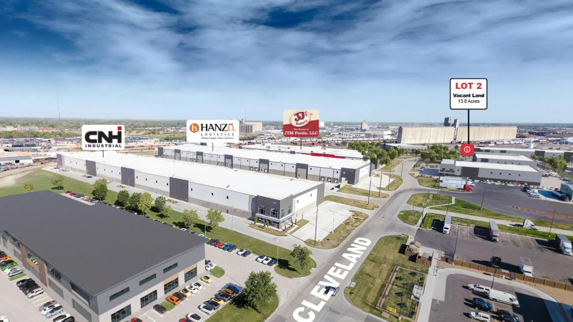 360° aerial rendering of an industrial space. Includes a virtual 3D tour of a space available for lease.
