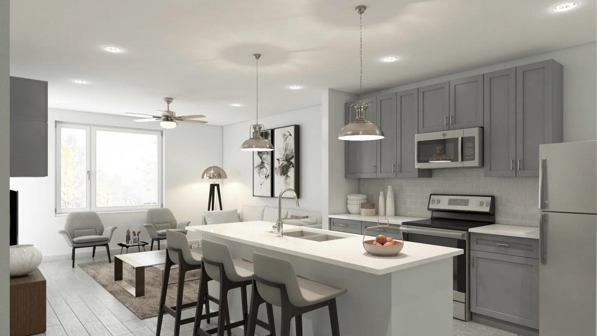 Still interior rendering of a multifamily space