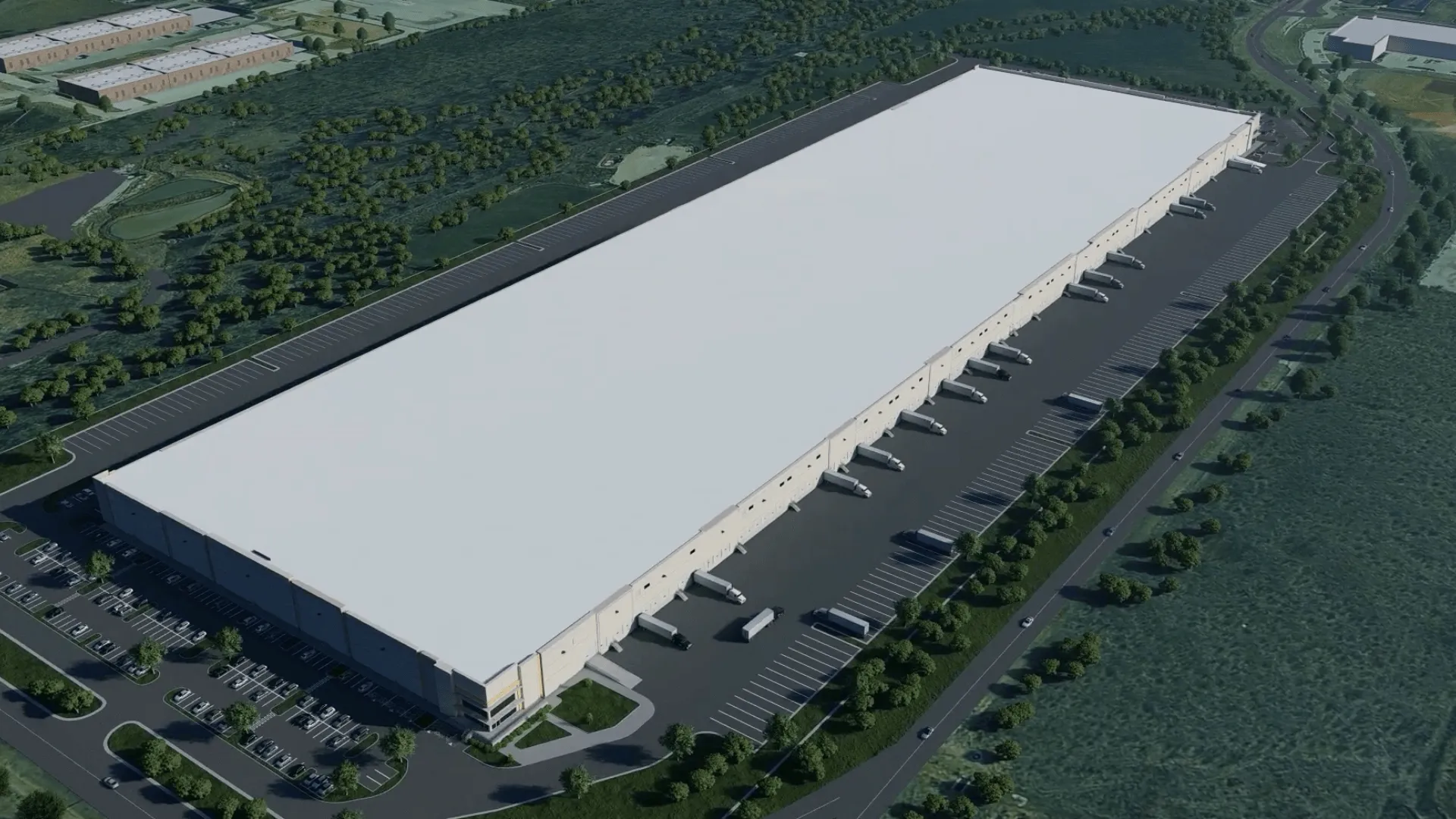 Exterior drone shot of an industrial space