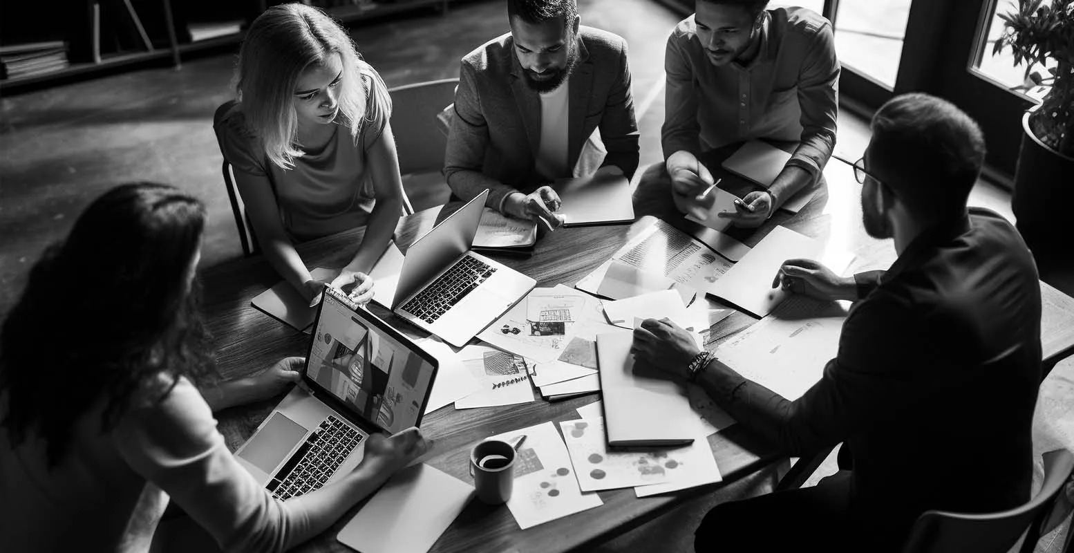 Group of marketers working around a table