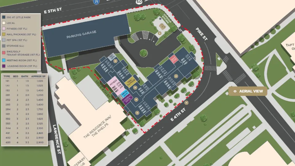 Advanced 2D site plan of a multifamily asset. Includes 360° aerial view