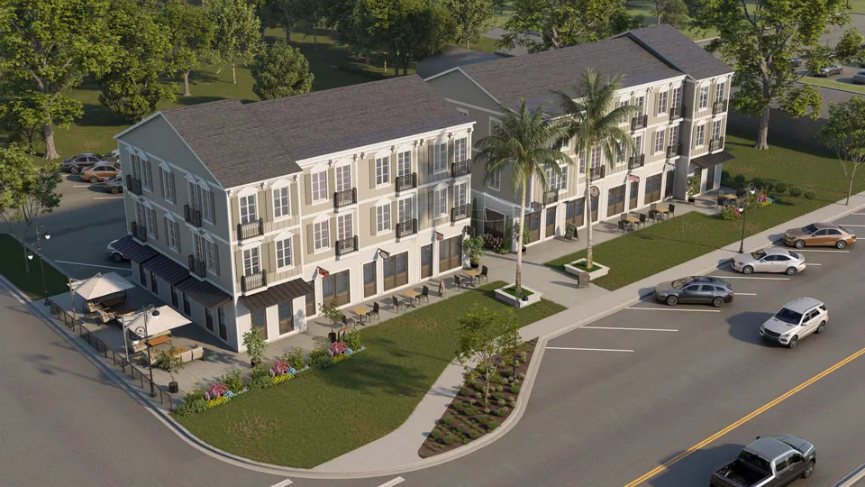 Still exterior rendering of a mixed use space