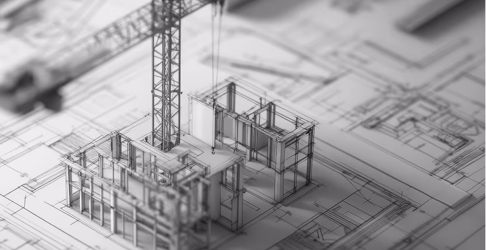 Stylized image of a crane constructing a building on top of a blueprint