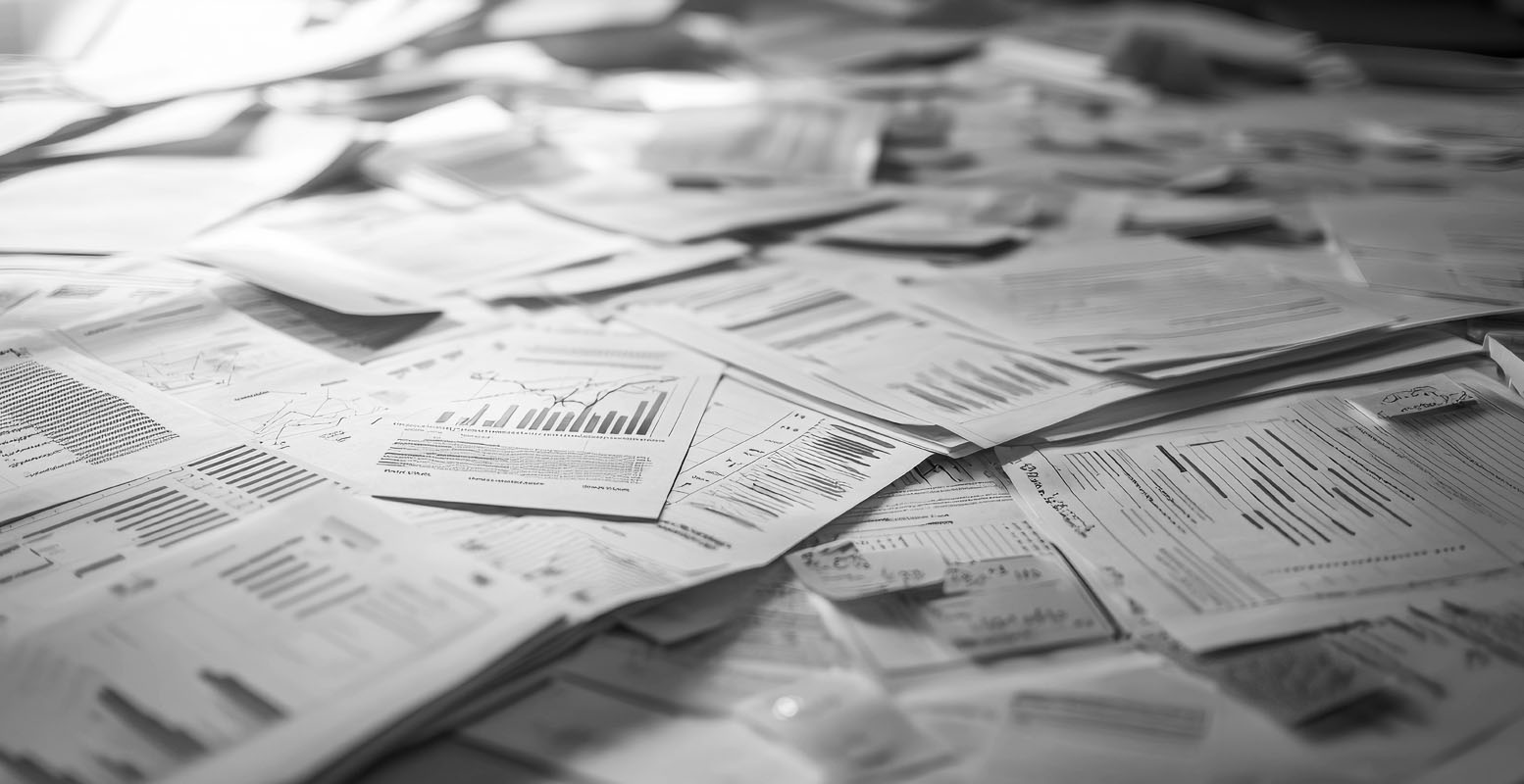 Unmanageable pile of financial papers on a desk