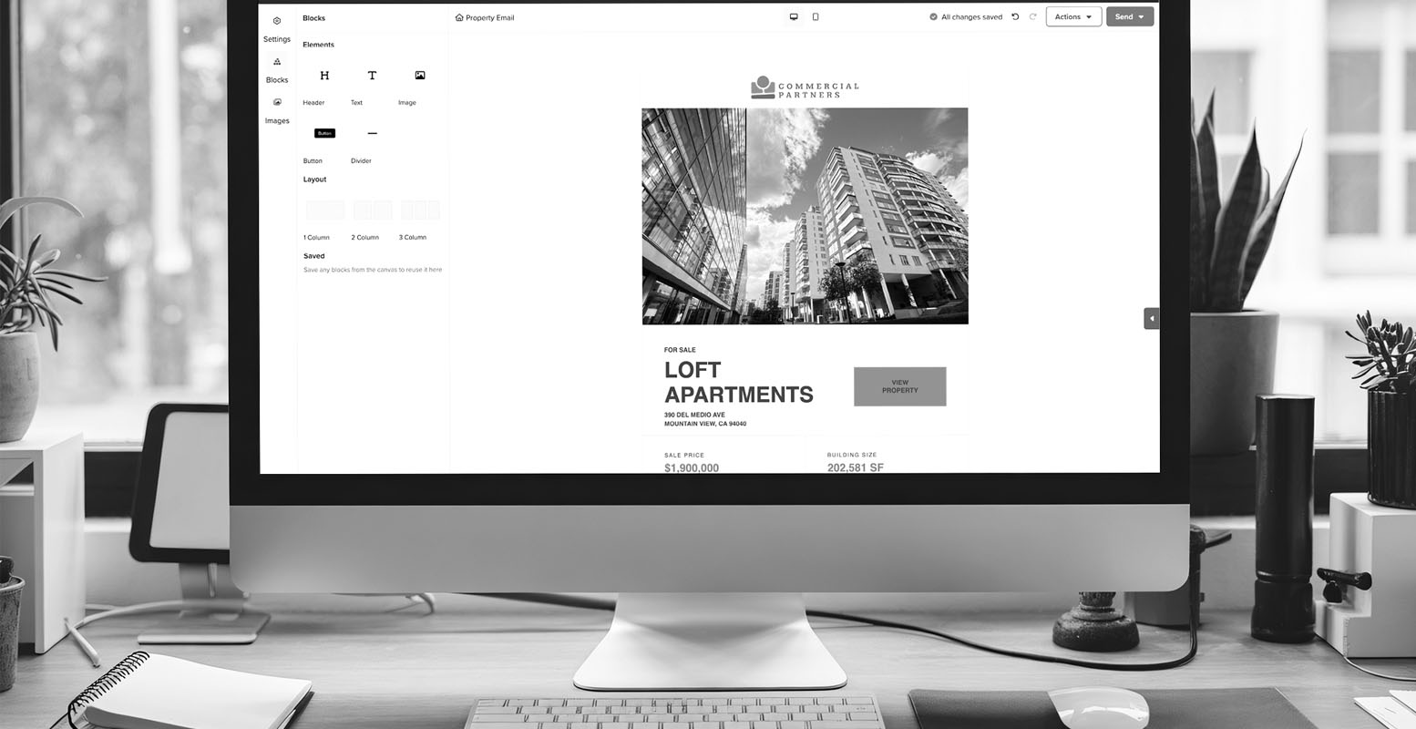 Computer showing Buildout's drag-and-drop email marketing editor