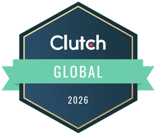 Round black and white badge reading Best of Clutch Digital Marketing 2025.