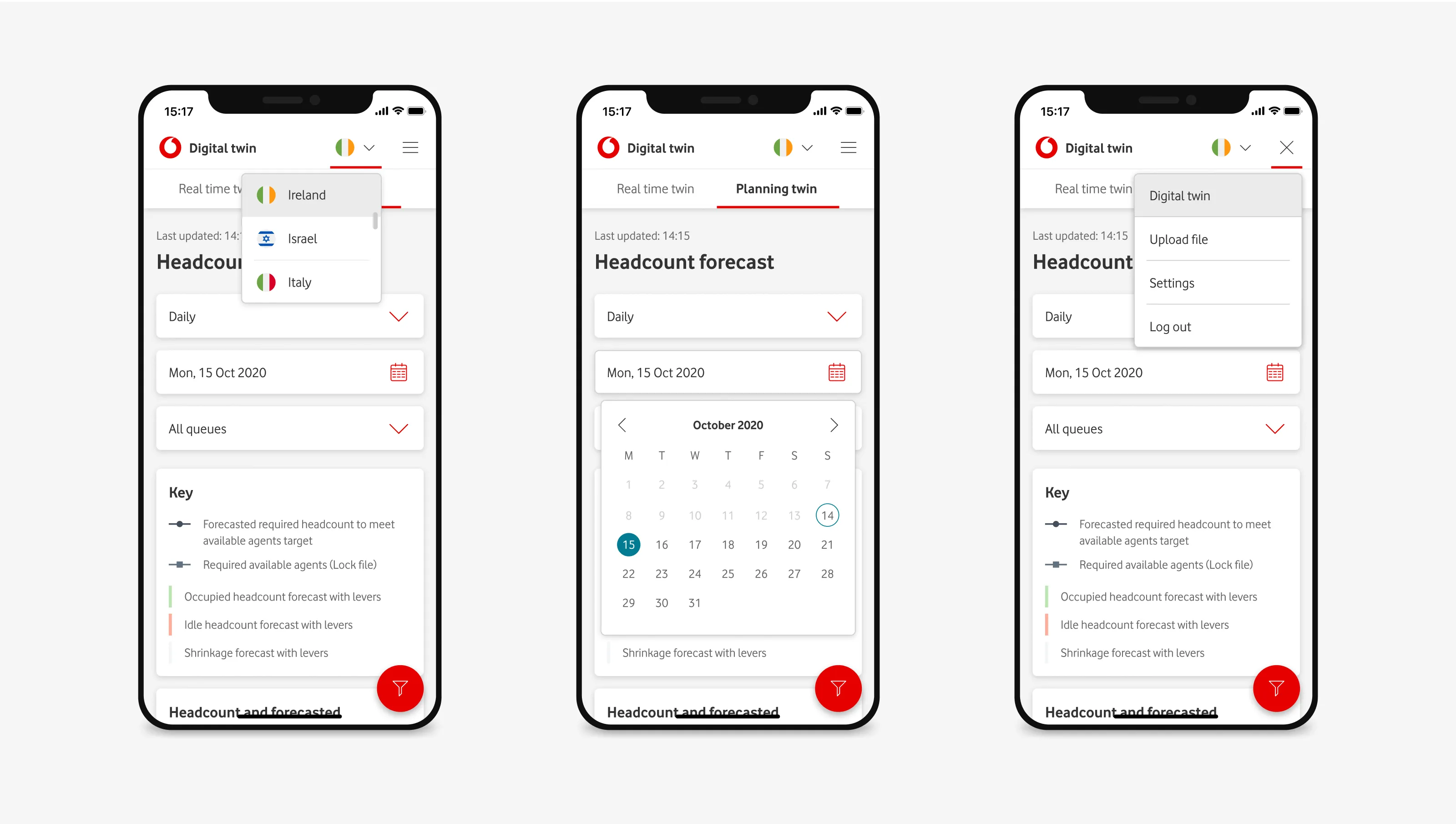 Three screens from the web portal designed for Vodafone, formatted for a mobile viewport.