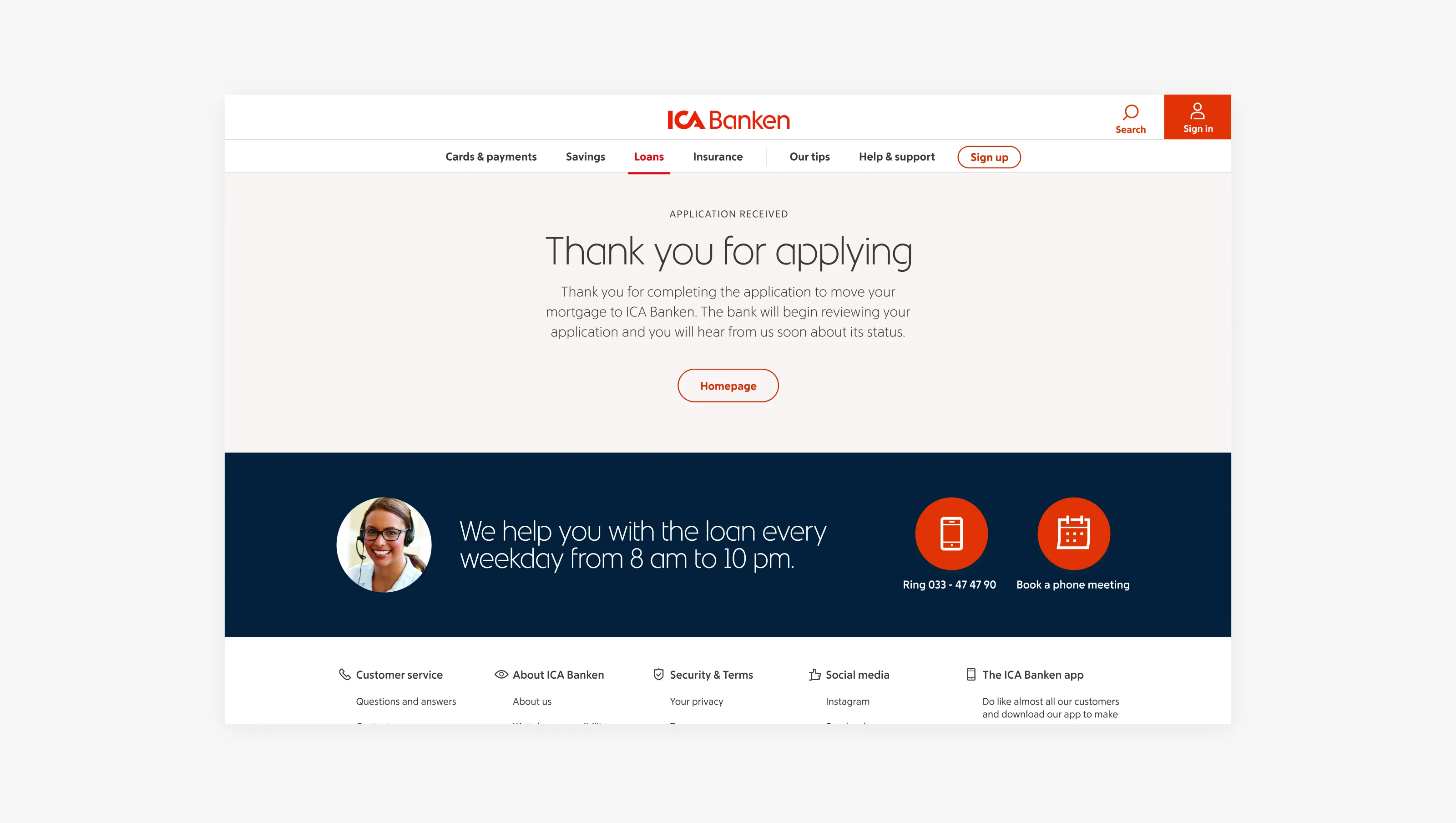 A screen from the website designed for ICA Banken.
