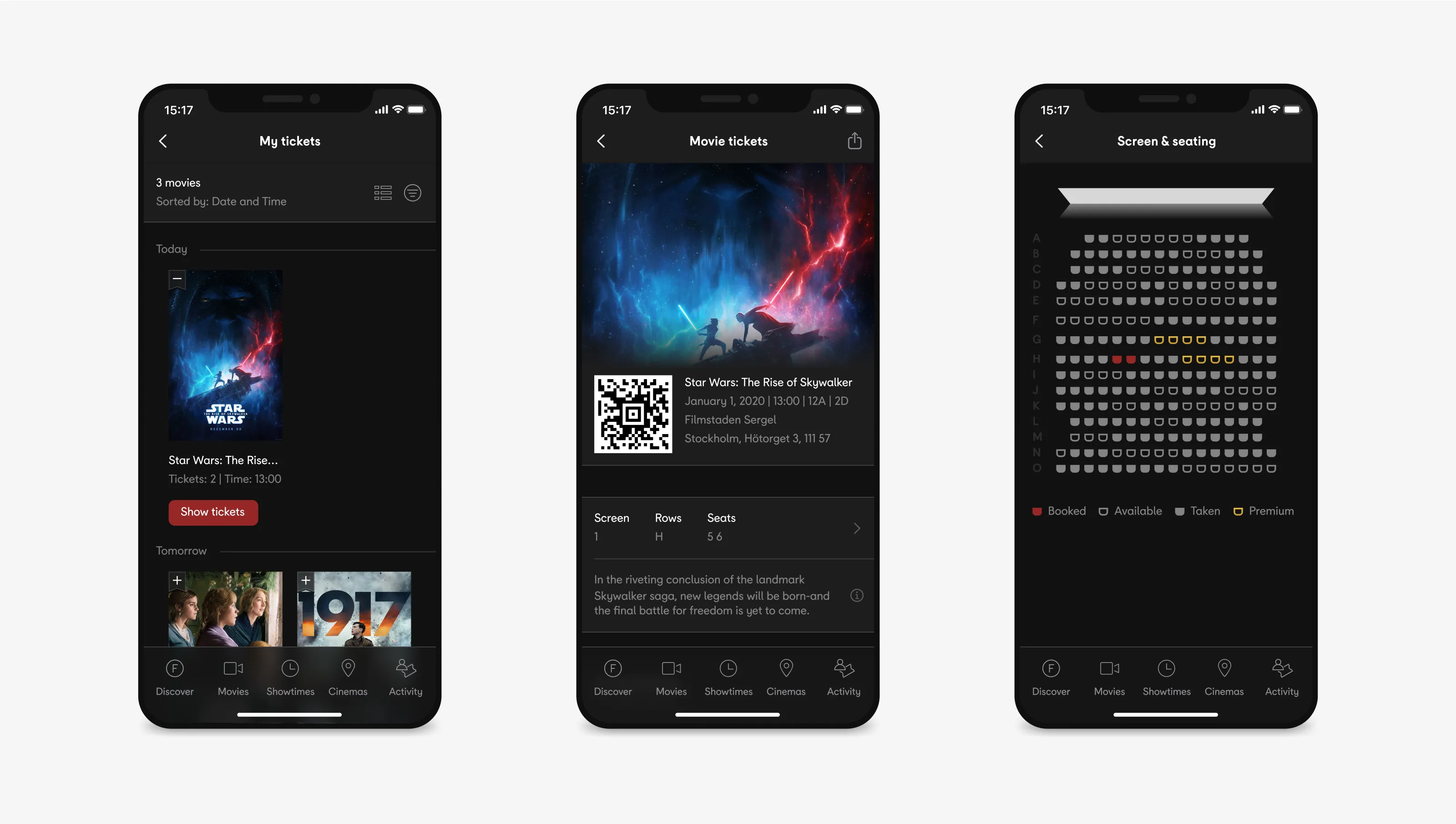 Three screens from the mobile app designed for Filmstaden.