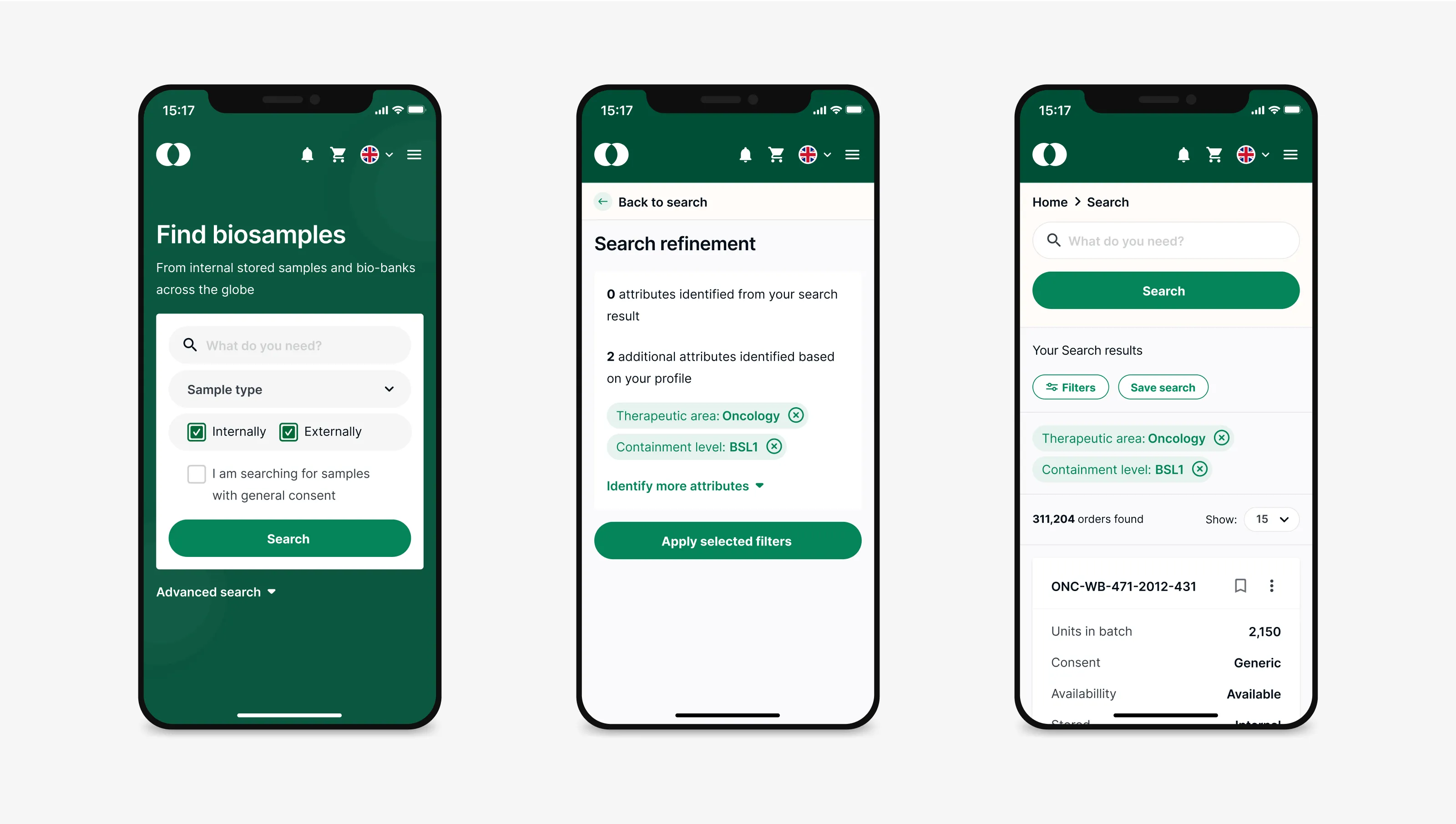 Three screens from the web portal designed for Roche, formatted for a mobile viewport.