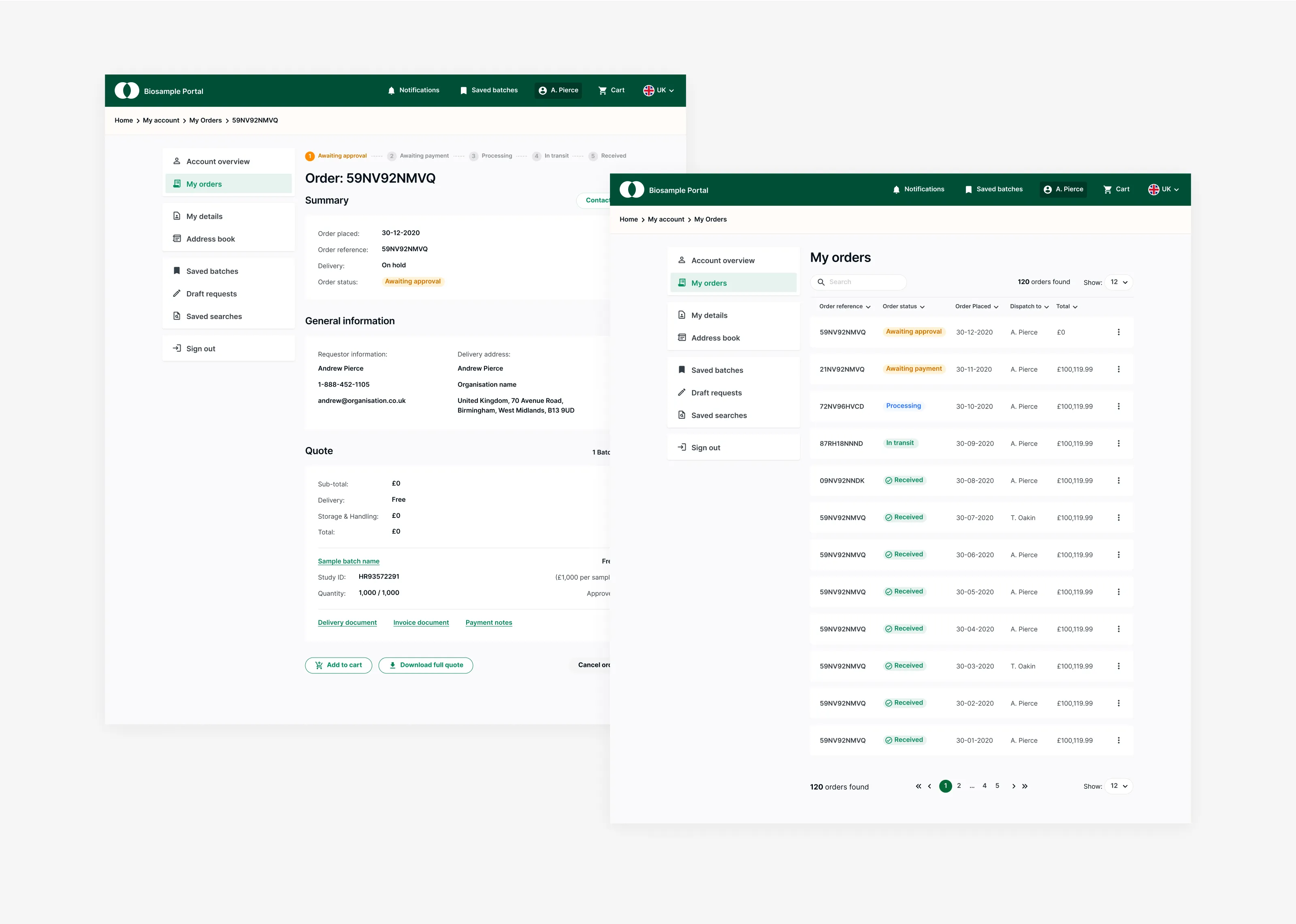 Two screens from the web portal designed for Roche.