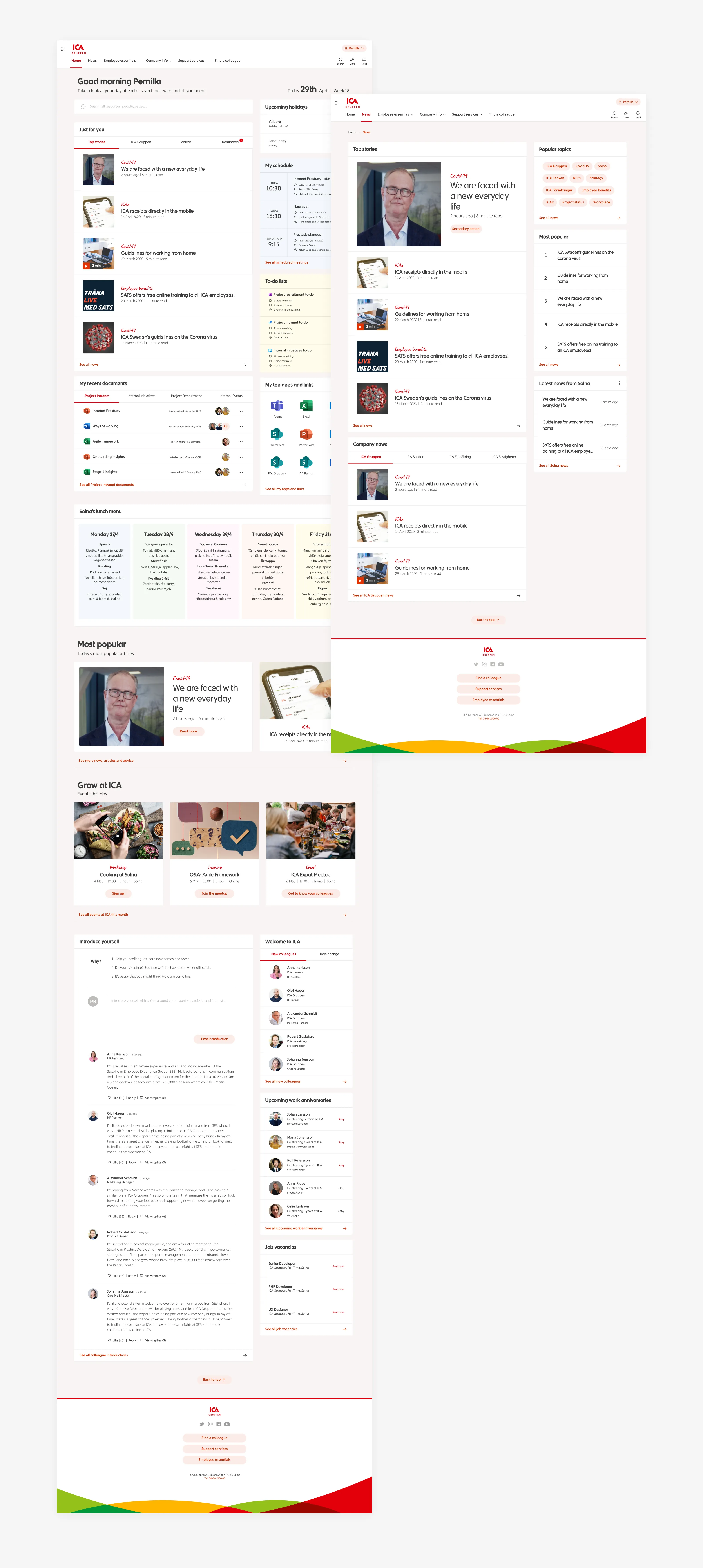 Two screens from the intranet designed for ICA Gruppen.