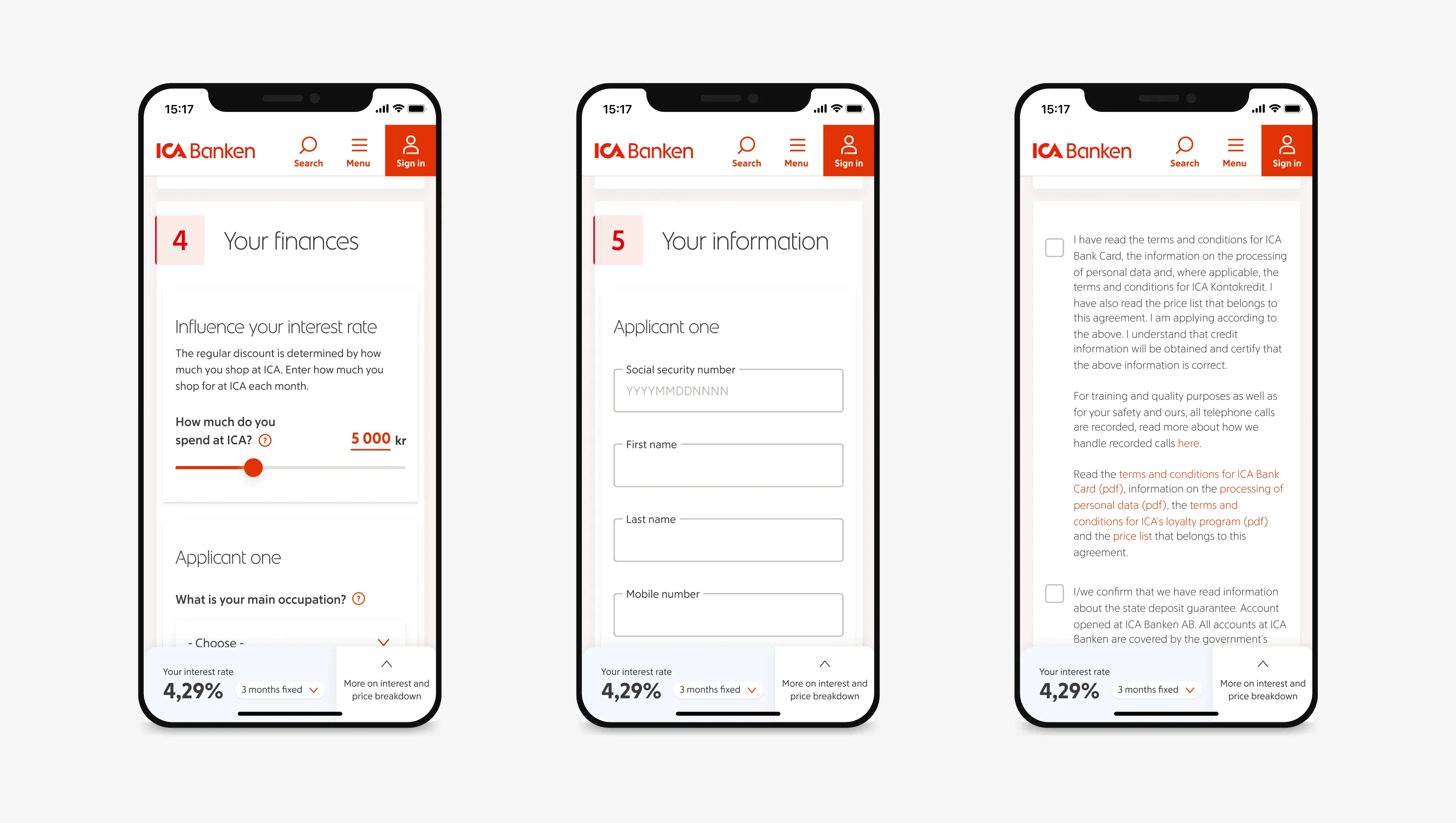 Three screens from the website designed for ICA Banken, formatted for a mobile viewport.