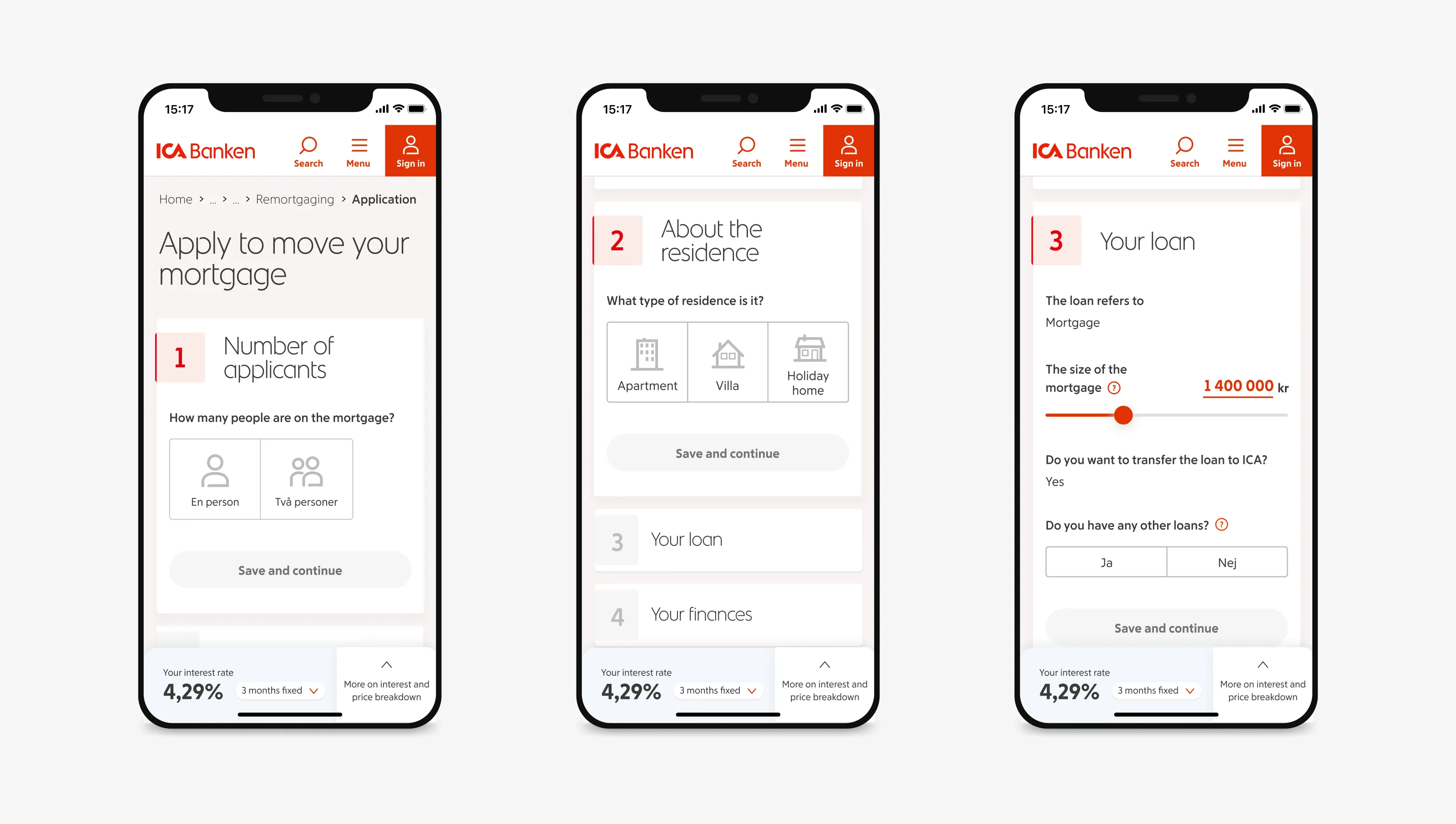 Three screens from the website designed for ICA Banken, formatted for a mobile viewport.