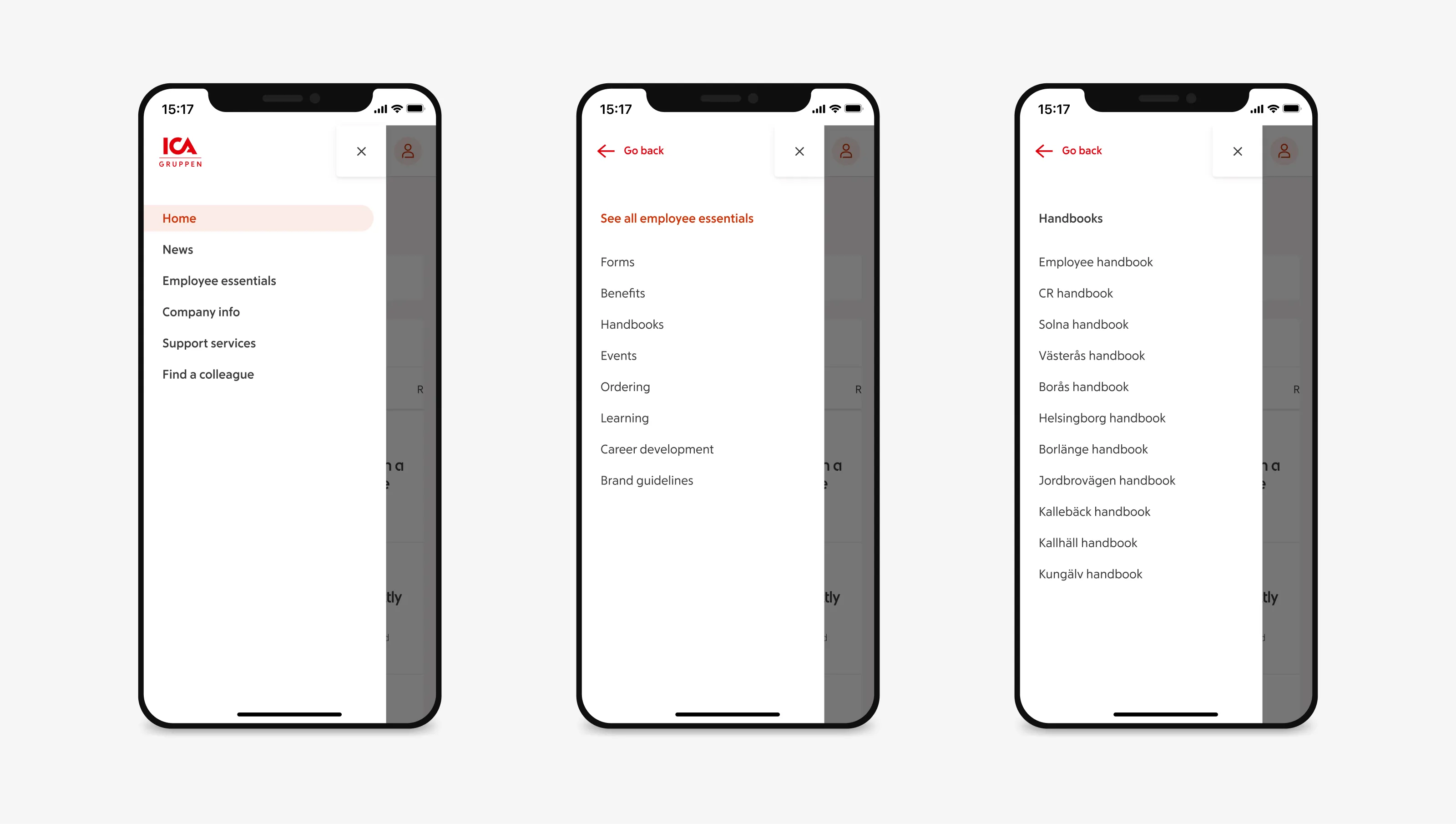 Three screens from the intranet designed for ICA Gruppen, sized for a mobile viewport.