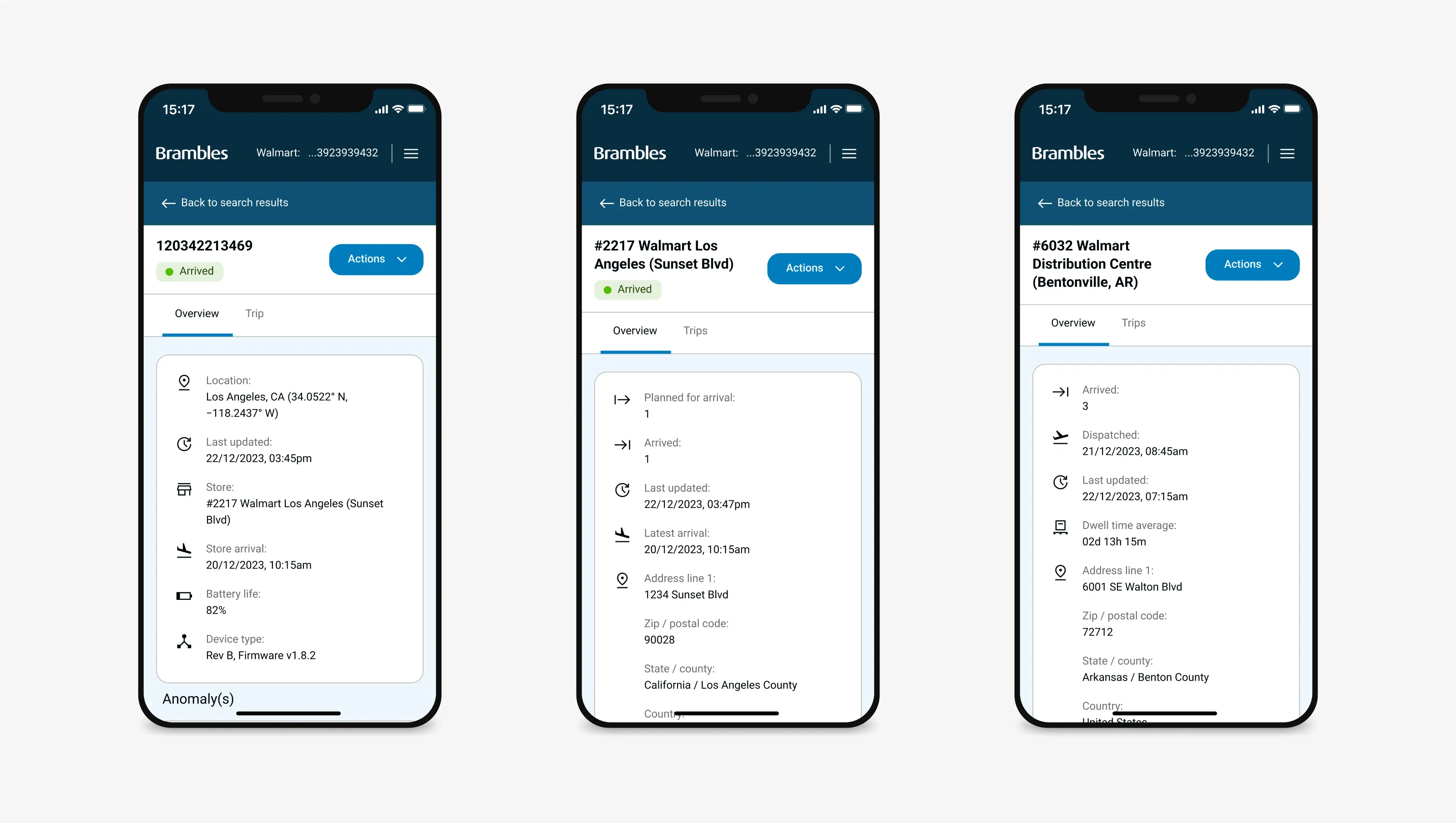 Three screens from the web portal designed for Brambles, formatted for a mobile viewport.