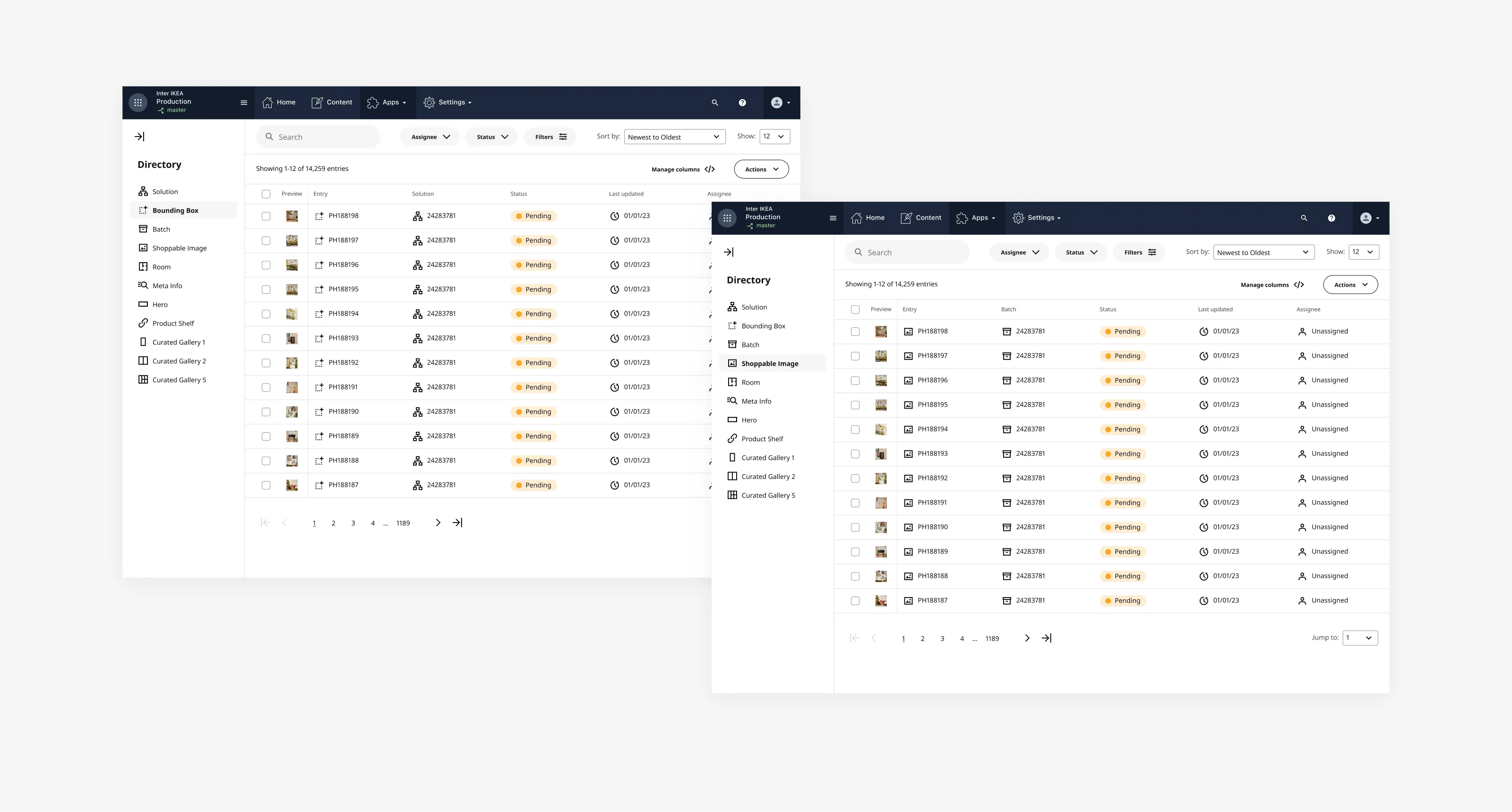 Two screens from the content management system designed for IKEA.