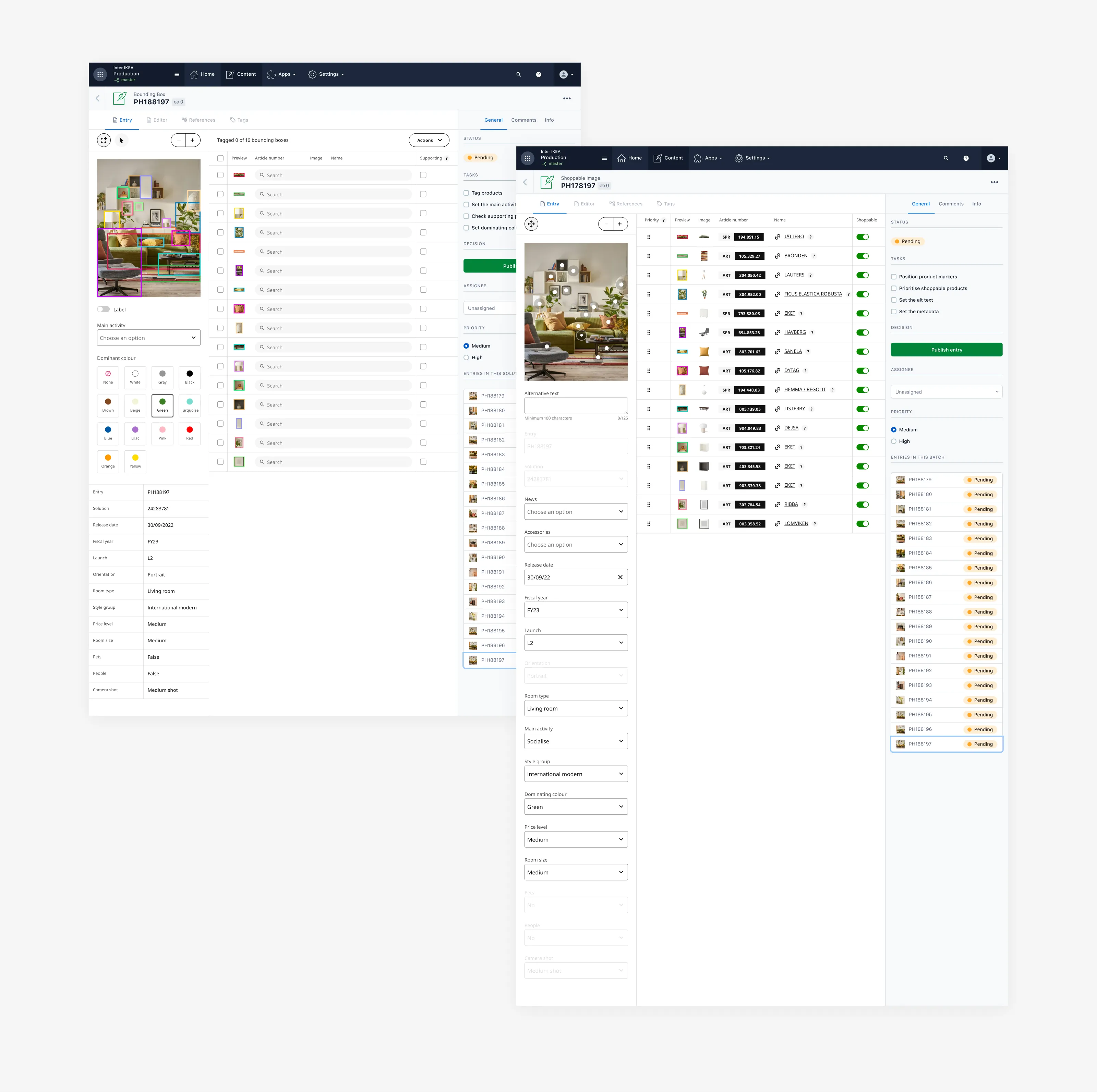 Two screens from the content management system designed for IKEA.