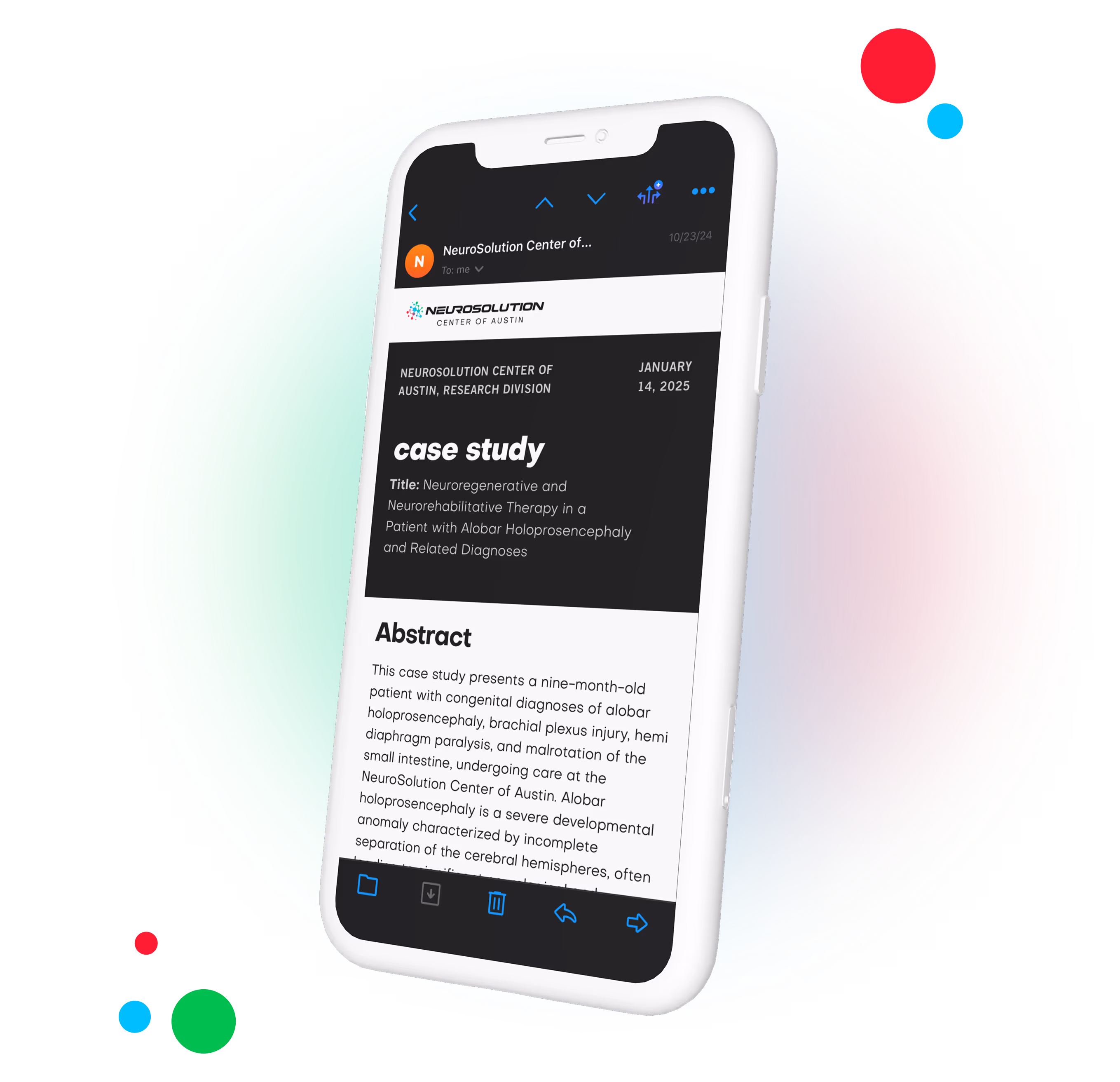 Smartphone displaying an email from NeuroSolution Center of Austin featuring a case study dated January 14, 2025.
