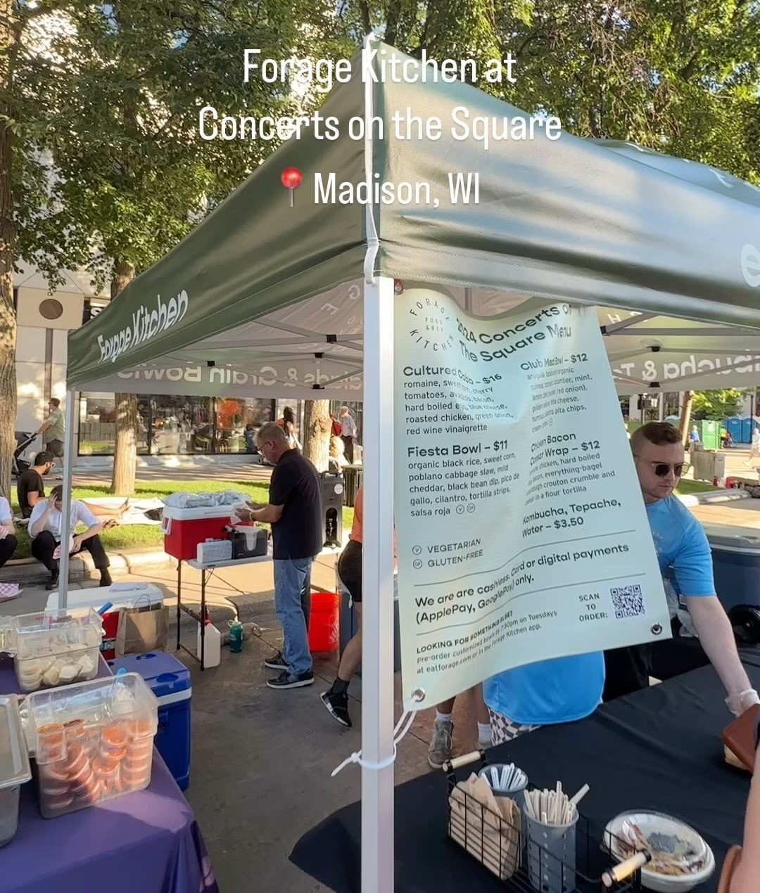 	Forage Kitchen booth at Concerts on the Square in Madison, WI, with a menu featuring dishes like the Fiesta Bowl and Club Wrap.