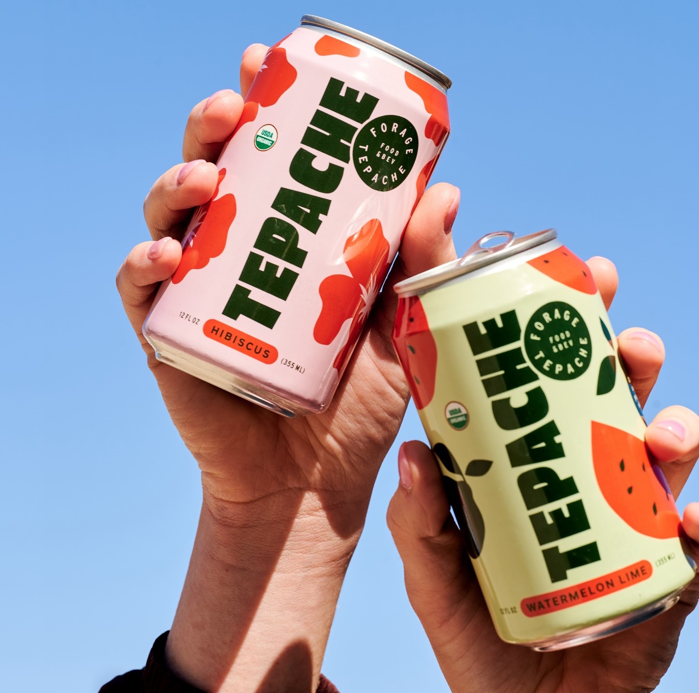 A hand holds up two Forage Kitchen Tepache cans. 