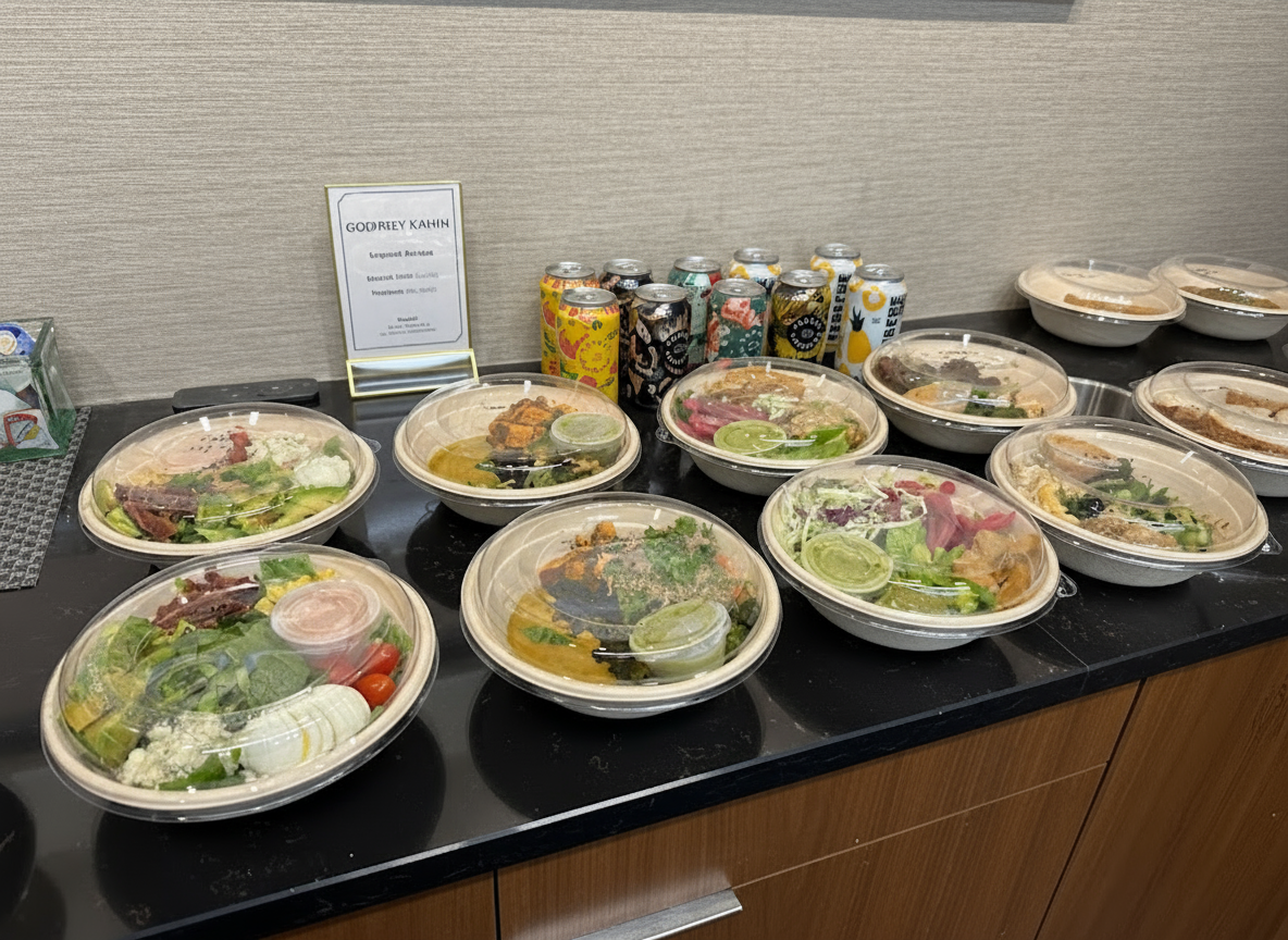 A spread of diverse packaged bowls, tepache, and kombucha on an office counter, catered by Forage Kitchen.