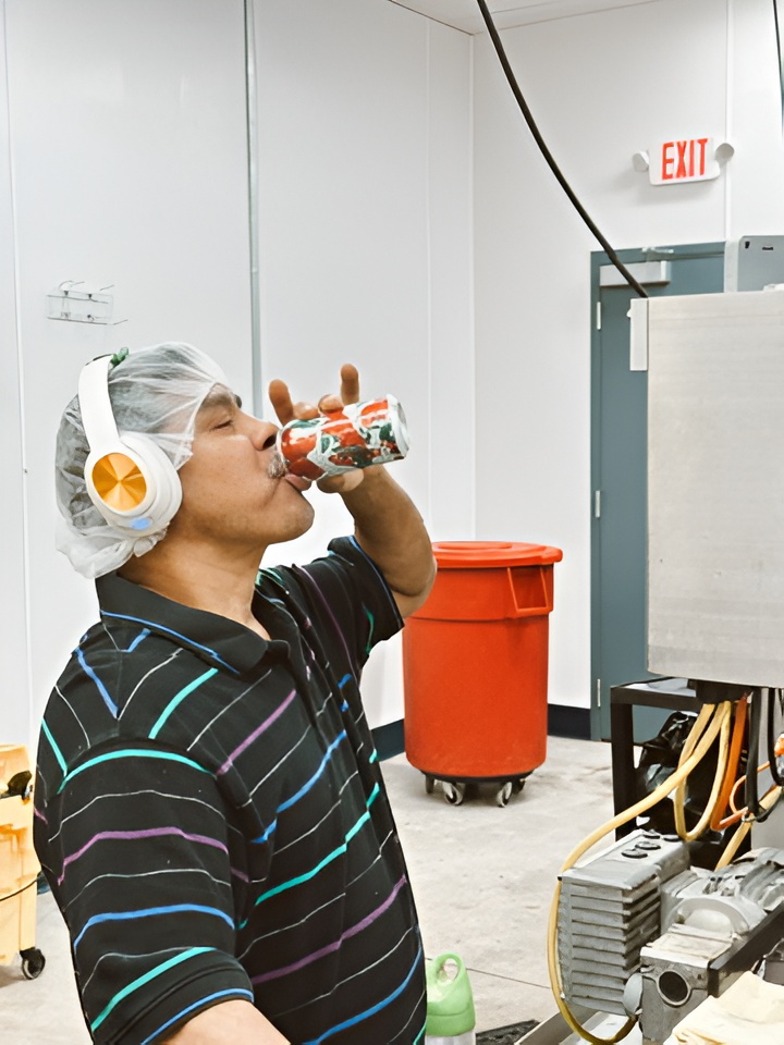 A man wearing headphones sipping a Forage Kitchen Tepache.