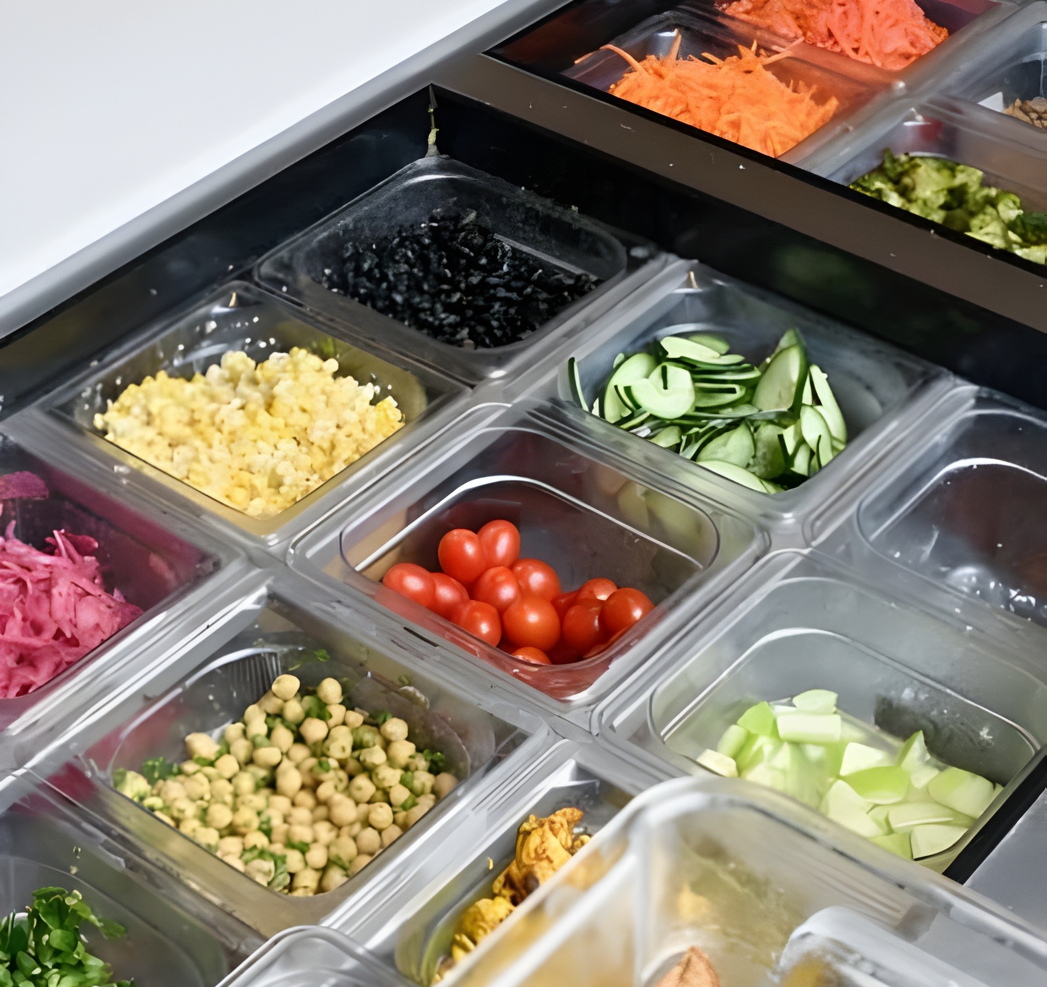  Fresh ingredients, including chickpeas, tomatoes, cucumbers, and more for bowls from Forage Kitchen.