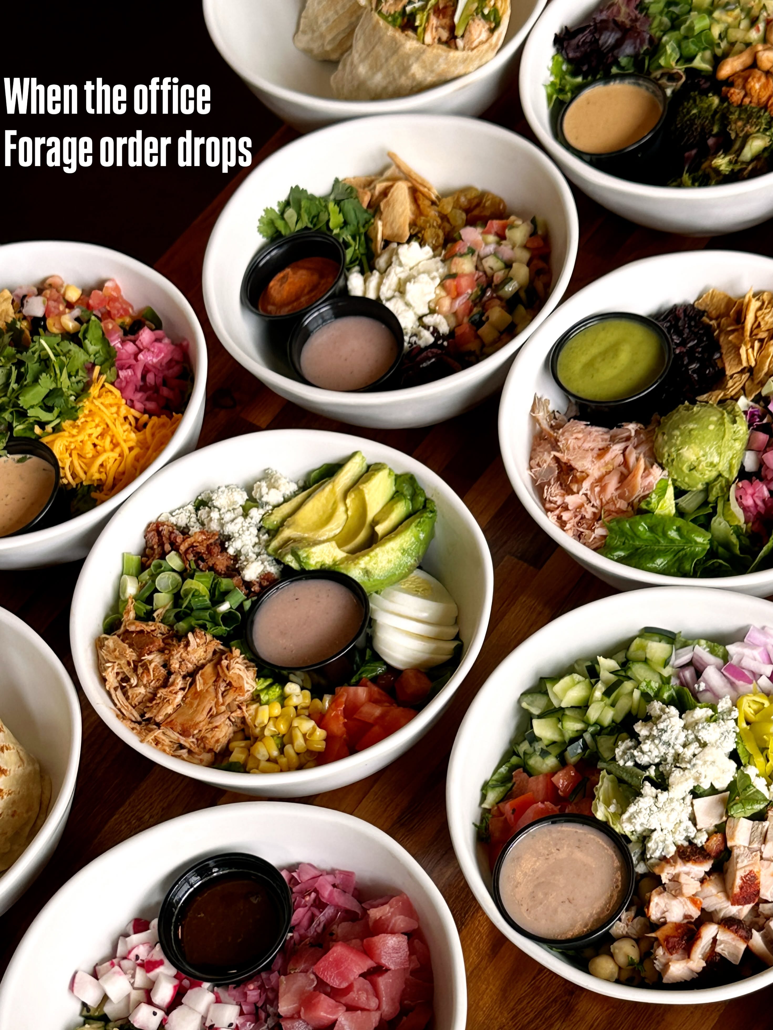 Multiple Forage Kitchen bowls ready for delivery with text: “When the office Forage order drops” written on the top left.