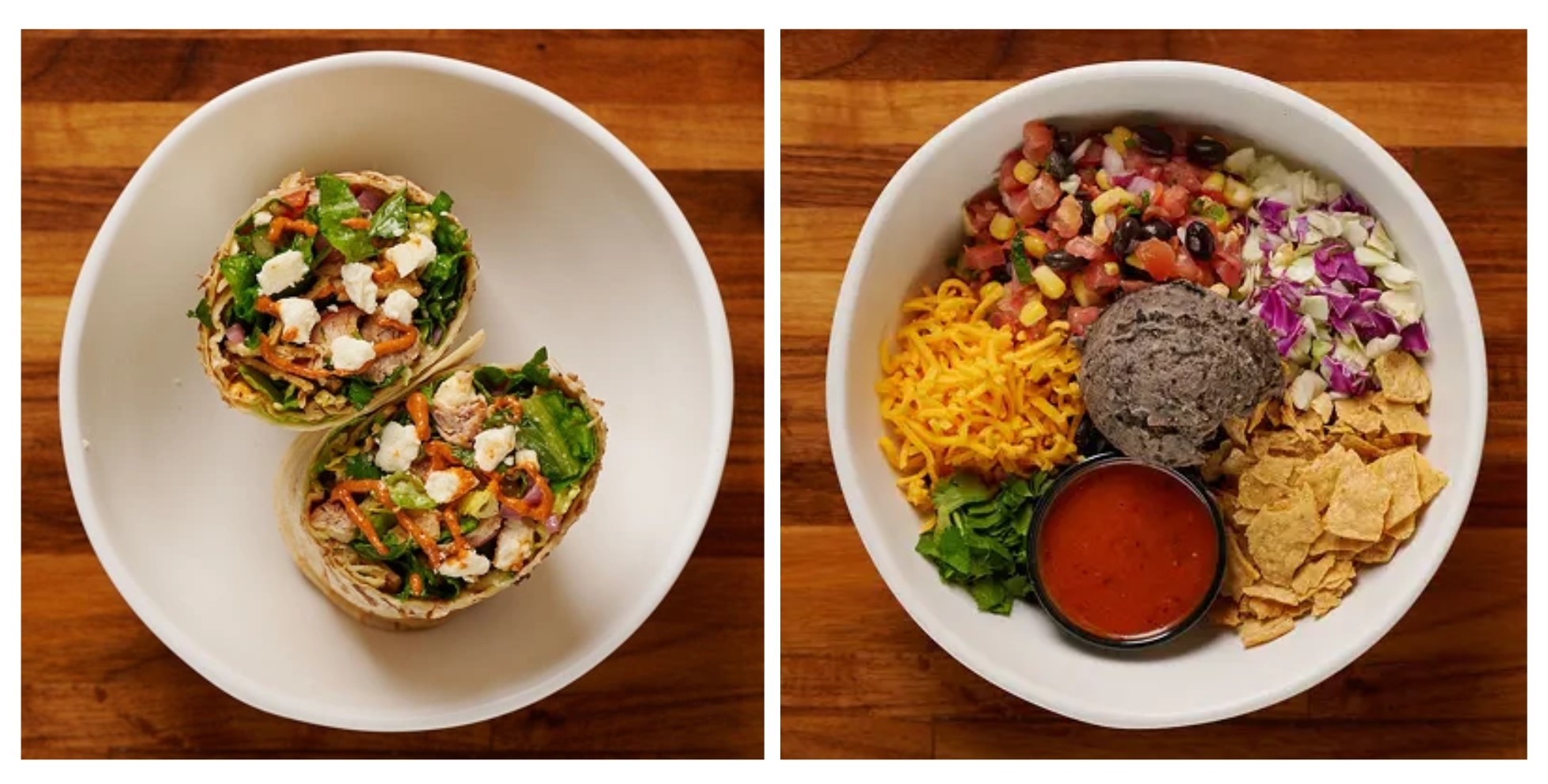 Side-by-side view of Forage Kitchen Mediterranean Wrap and Fiesta Bowl in white bowls on a wooden table.
