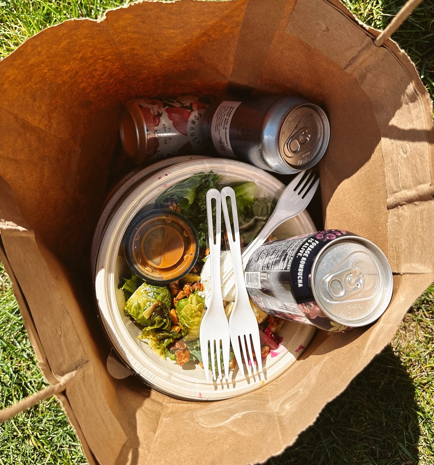 Top-down view of takeout containers and beverage cans packed in a paper bag from Forage Kitchen, Middleton.