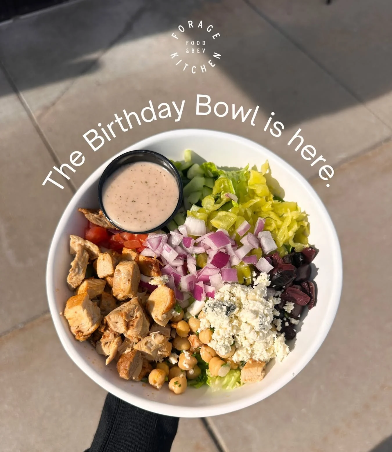 A hand holding a freshly prepared grain bowl with overlay text announcing the Birthday Bowl as a Forage Rewards program.