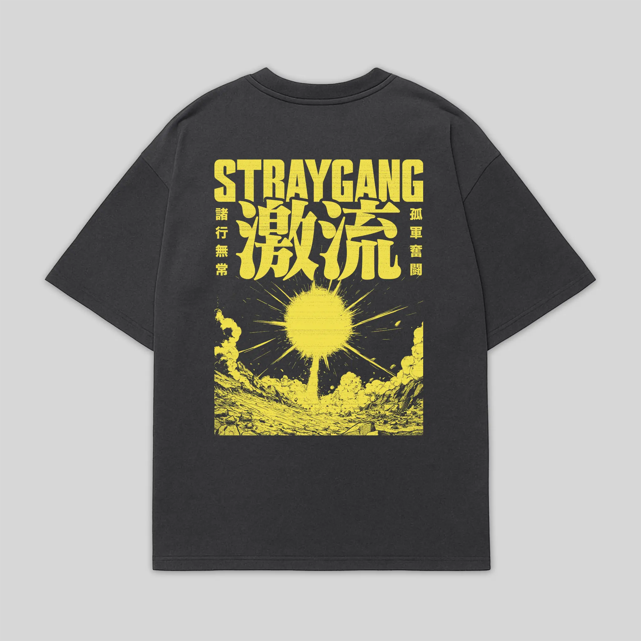 Flat image showing the back of Straygang's black wash t-shirt, featuring a large digital print of a drift car with the words 'Strayspirit racing team 13'. This view allows for appreciation of the full-scale design and how it fits on the tee.
