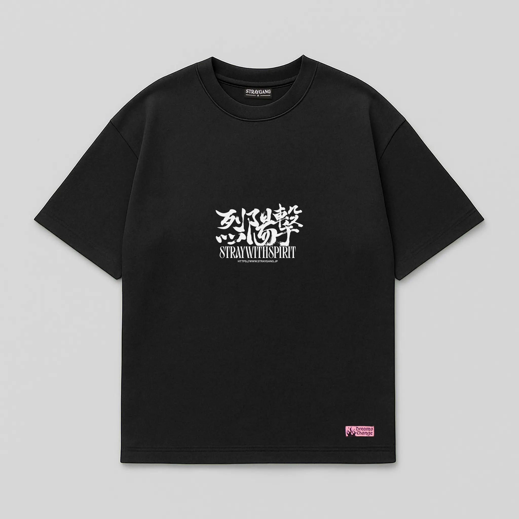 Flat image of the front of Straygang's black strike t-shirt, displaying the white screen print which mixes Japanese Kanji calligraphy with English.